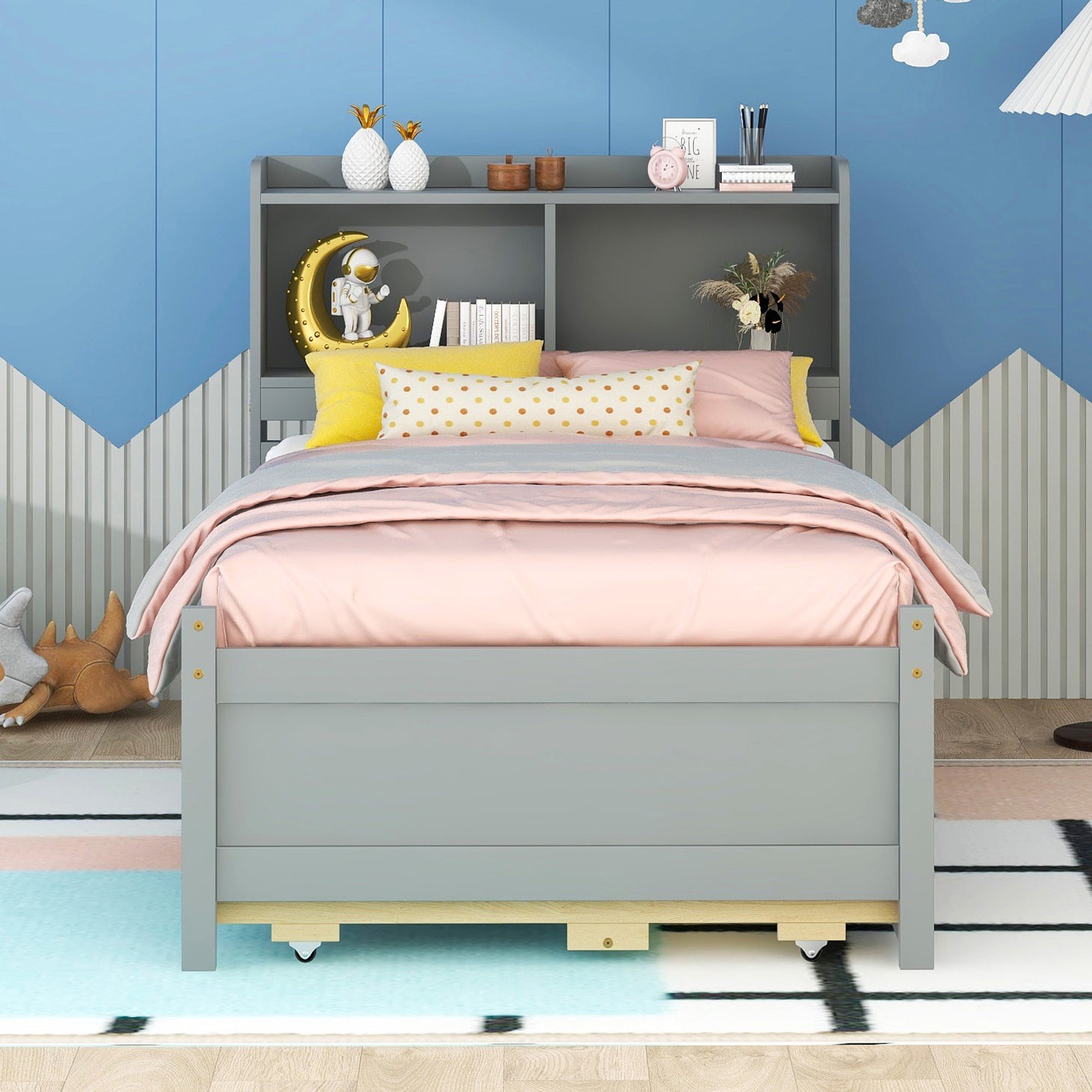 Gray Twin Bed with Bookcase Headboard, USB & Type-C Ports, LED Light, Trundle, and Drawers