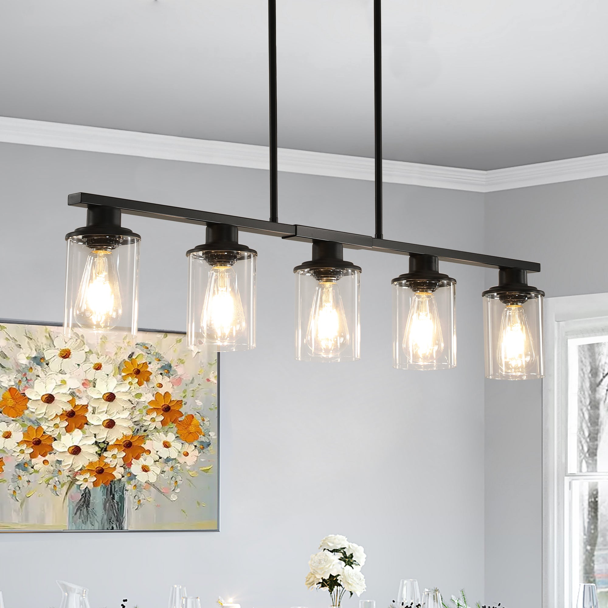 Modern Industrial 5-Light Matte Black Chandelier with Adjustable Height and Glass Shades