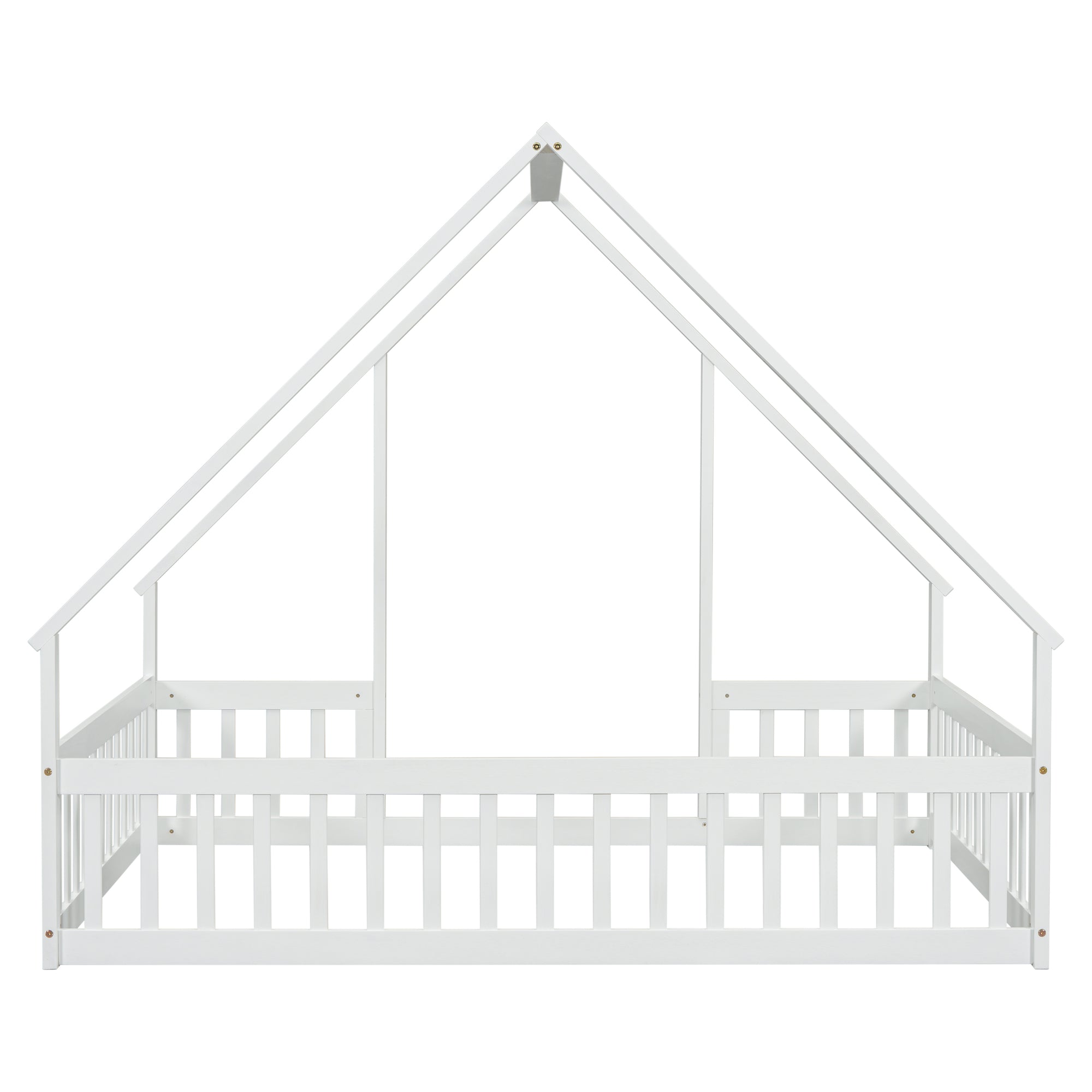 White Full Wood House-Shaped Toddler Floor Bed with Fence and Guardrails