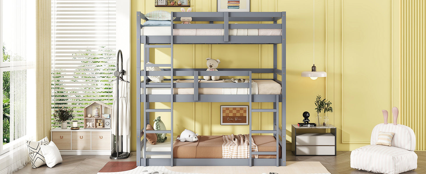 Gray Triple Rubber Wood Bunk Bed with Built-in Ladders and Guardrails