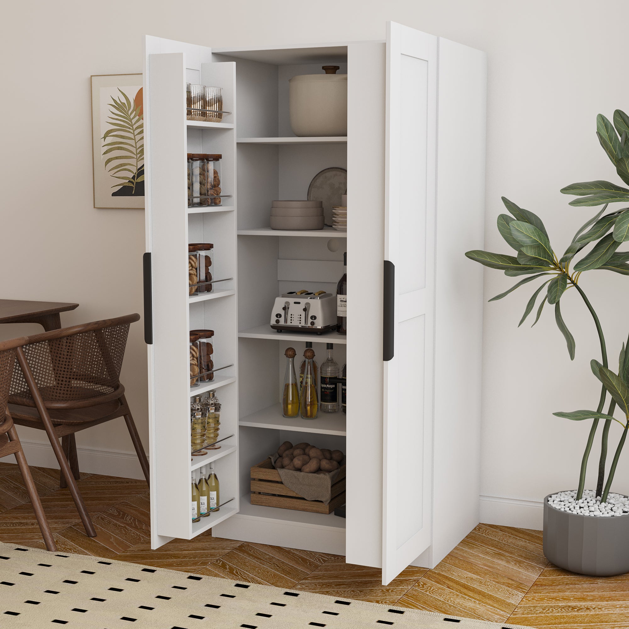 62.99in White Kitchen Pantry Cabinet with Doors and Shelves for Storage in Kitchen Living Room and Dining Room In White