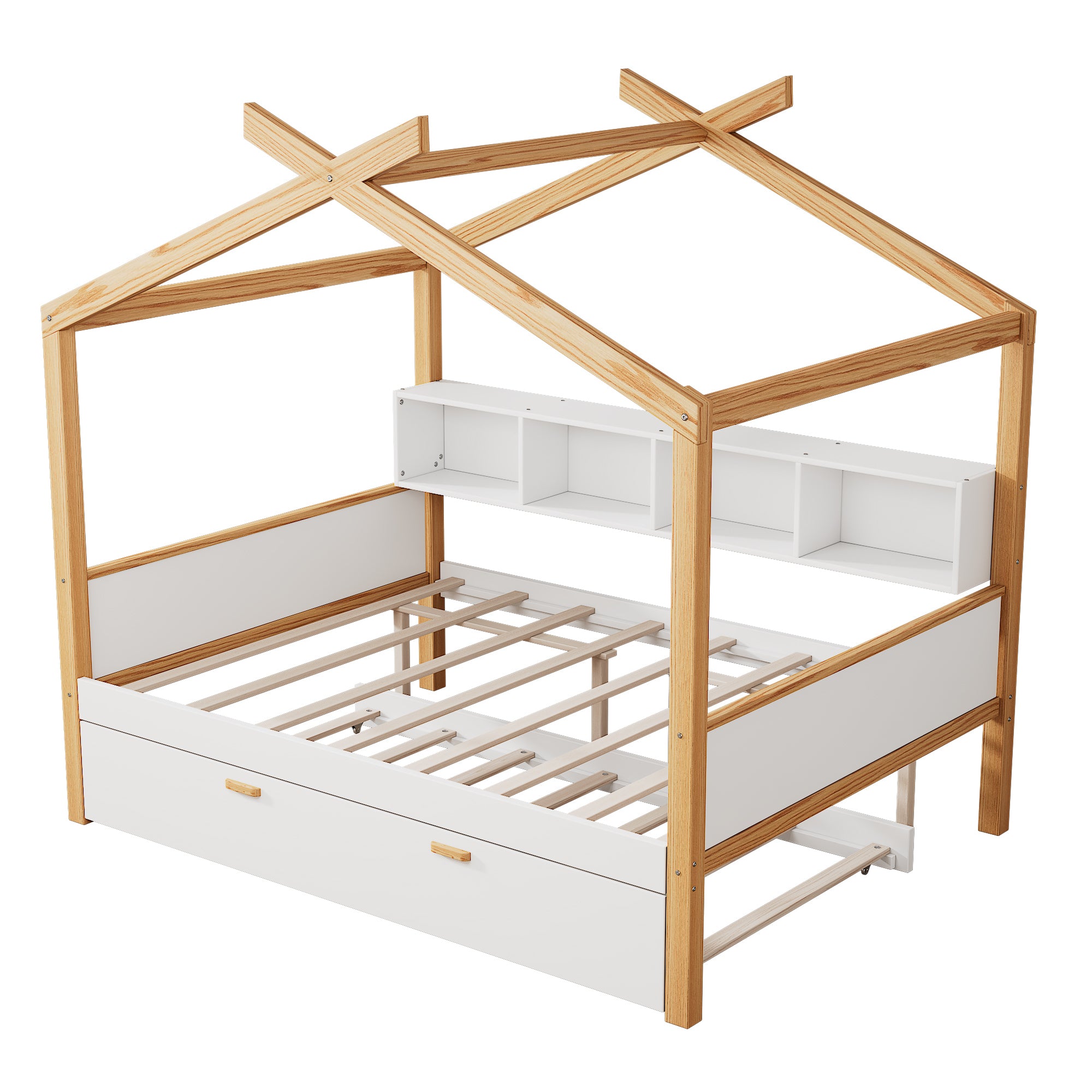 White and Natural Tone Full House Bed with Trundle and Bookshelf Storage