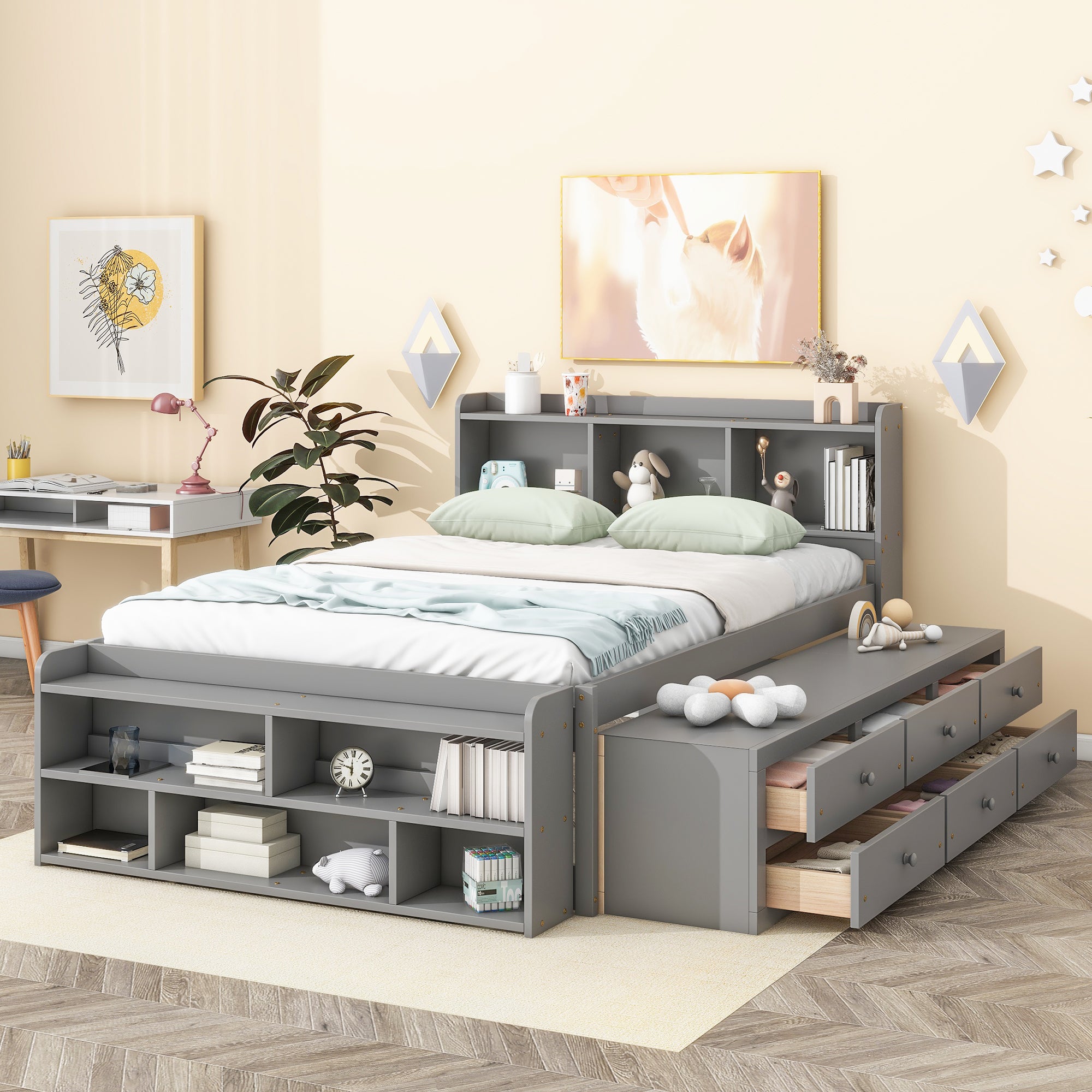 Gray Full Bed with Bookcase Headboard, Storage Drawers, and Bed-End Storage Case