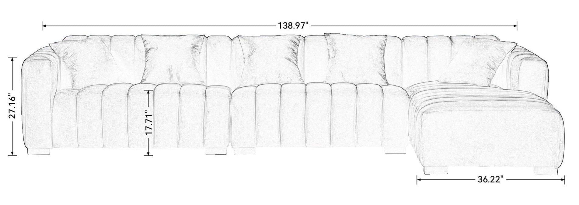 Beige Velvet L-Shaped Sectional Sofa with Tufted Upholstery & Chaise