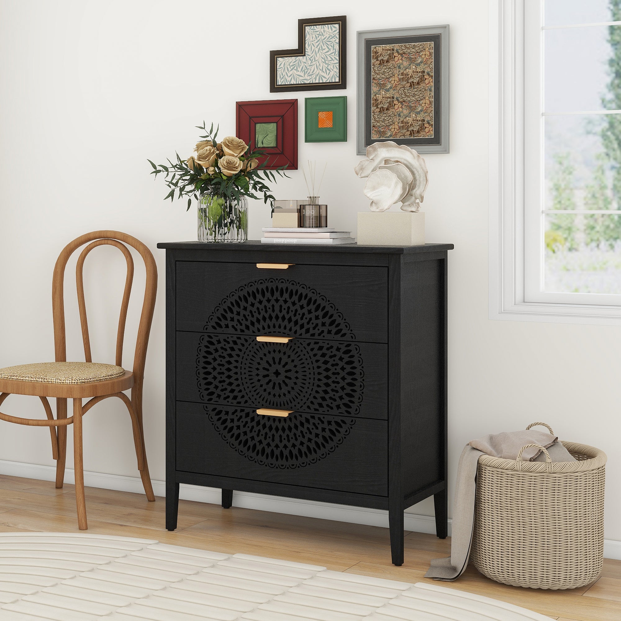 Hollow-Carved 3 Drawer Cabinet Dresser Storage Chest with Metal Handles In Black