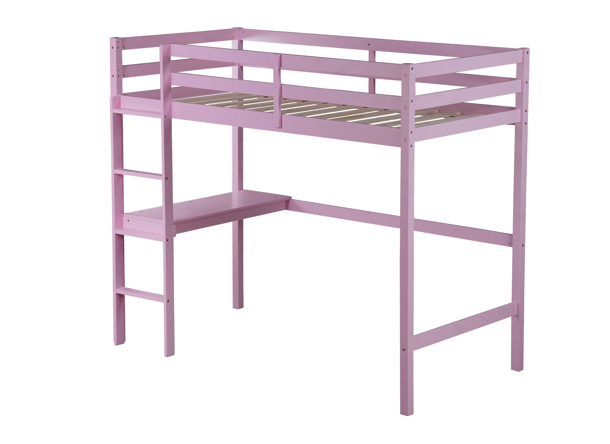 Pink Twin High Loft Bed with Built-in Desk, Rubber Wood Frame, and Safety Guardrail