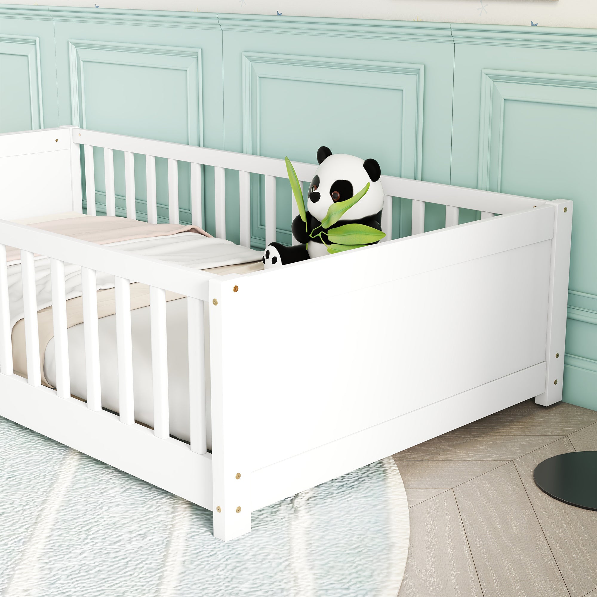 White Twin Toddler Floor Platform Bed with Built-in Book Storage Rack