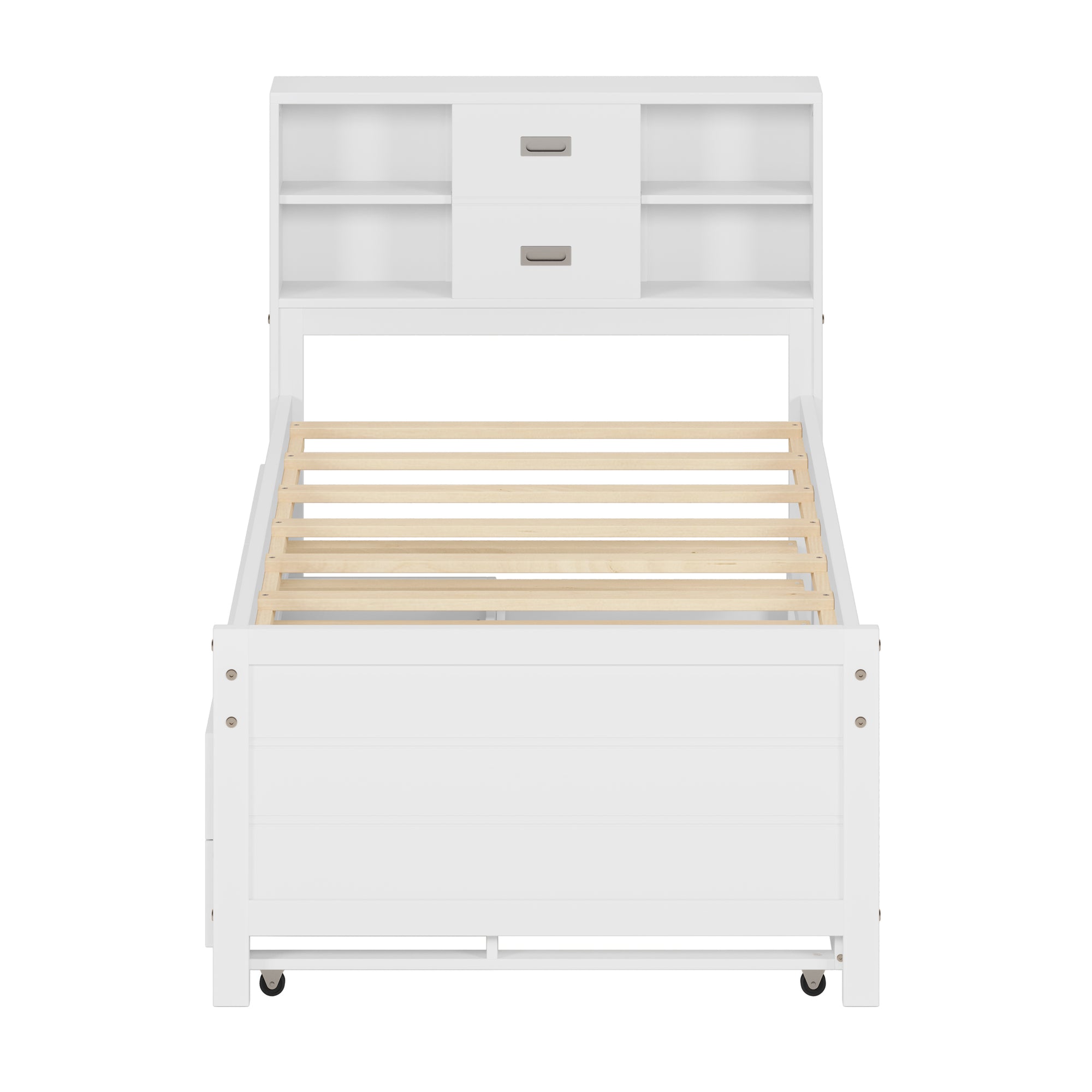 White Twin Platform Bed with Trundle, Drawers, and Storage Headboard