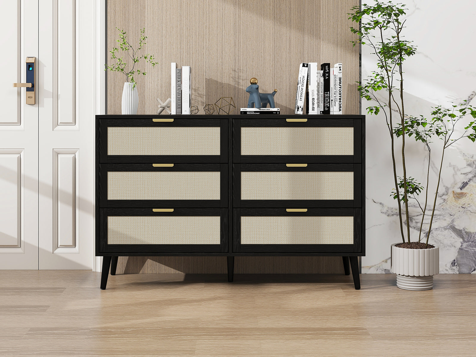 Modern 6 Drawer Dresser Wood Cabinet for Storage In Black
