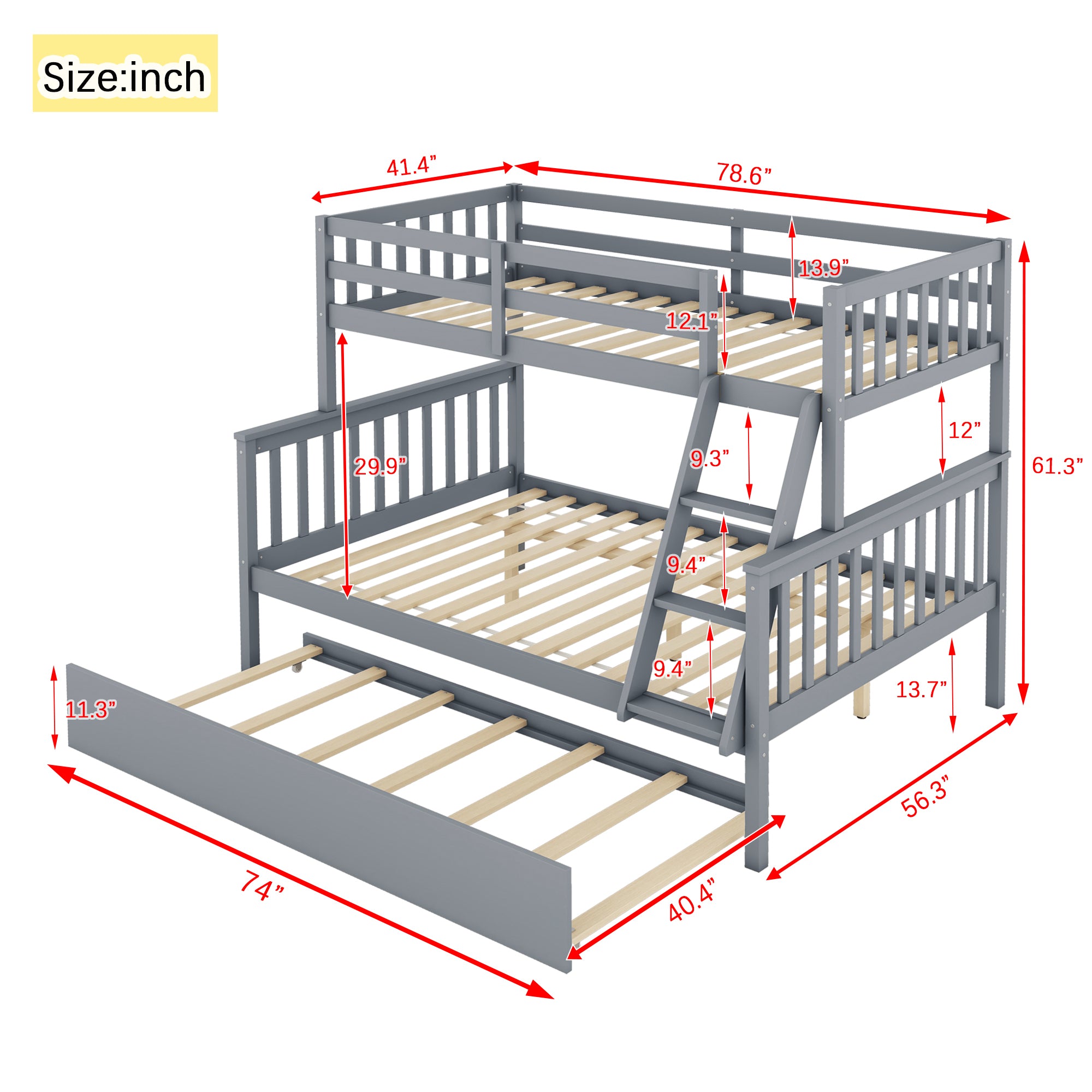 Convertible Gray Twin Over Full Rubber Wood Bunk Bed with Trundle