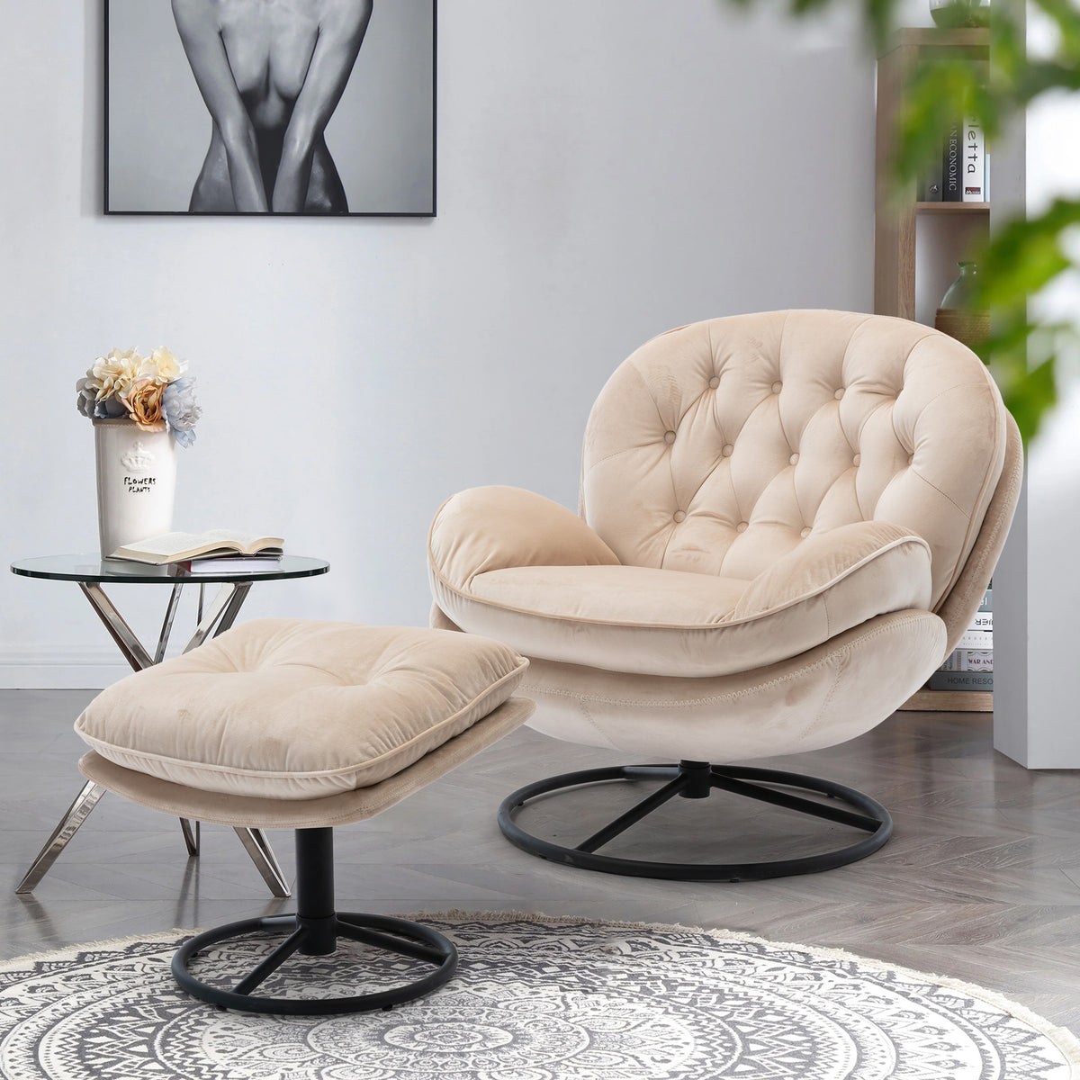 Beige Velvet Accent Chair with Ottoman and Metal Frame