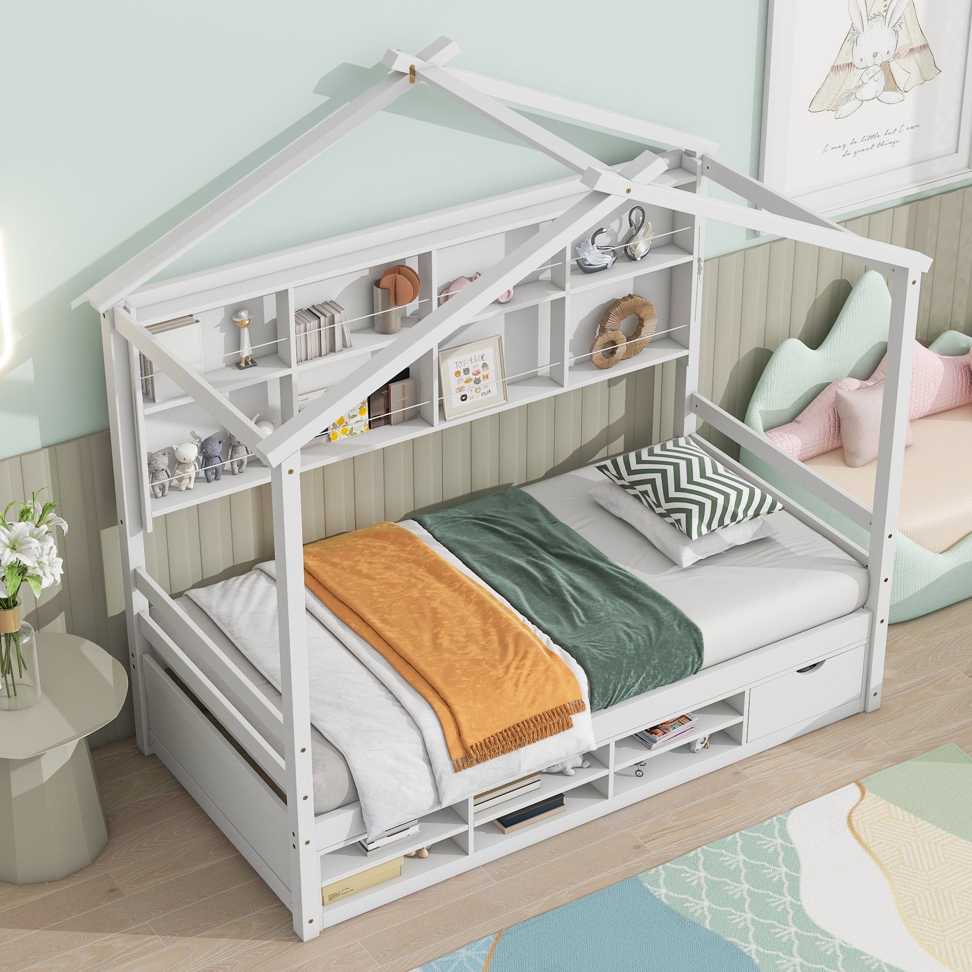 Twin Bed with Roof, Bedside Shelves, and Under-Bed Storage in White