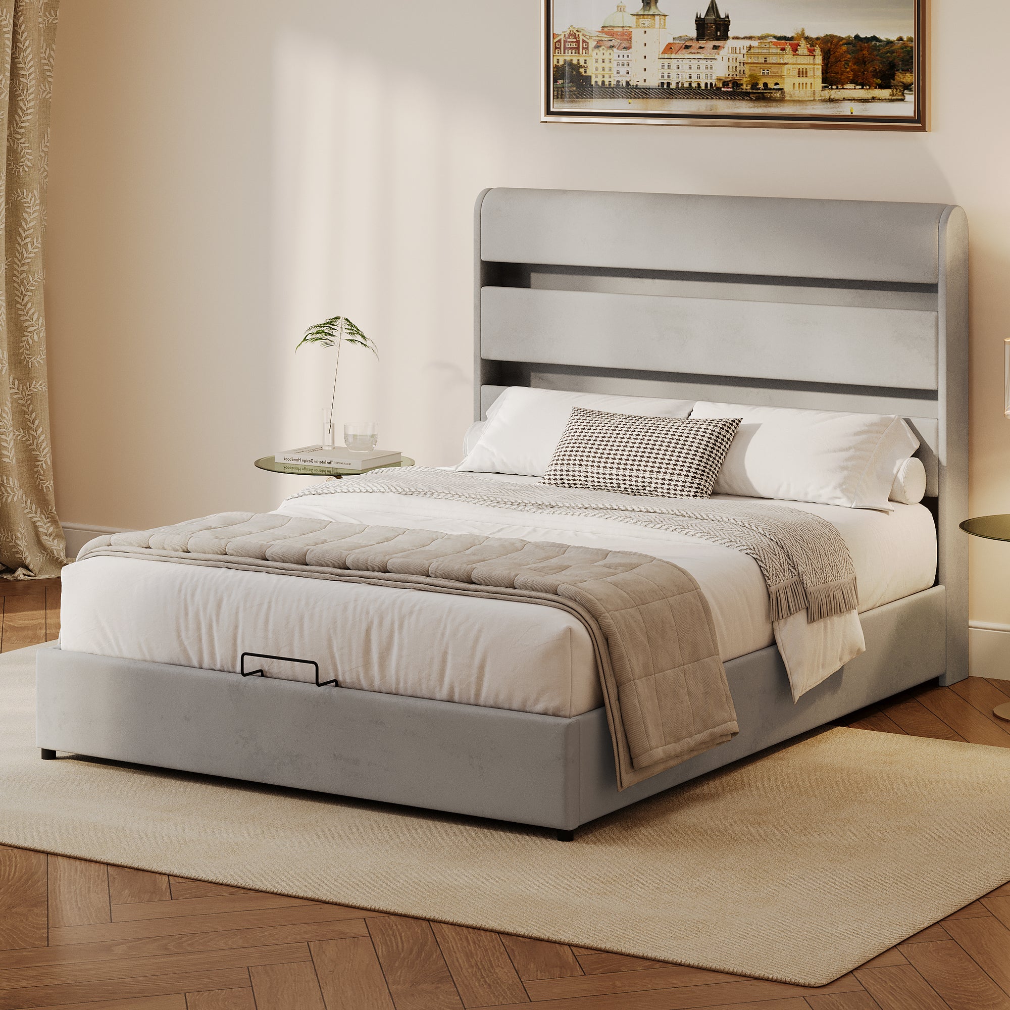 Gray Velvet Queen Hydraulic Storage Bed with LED Lights