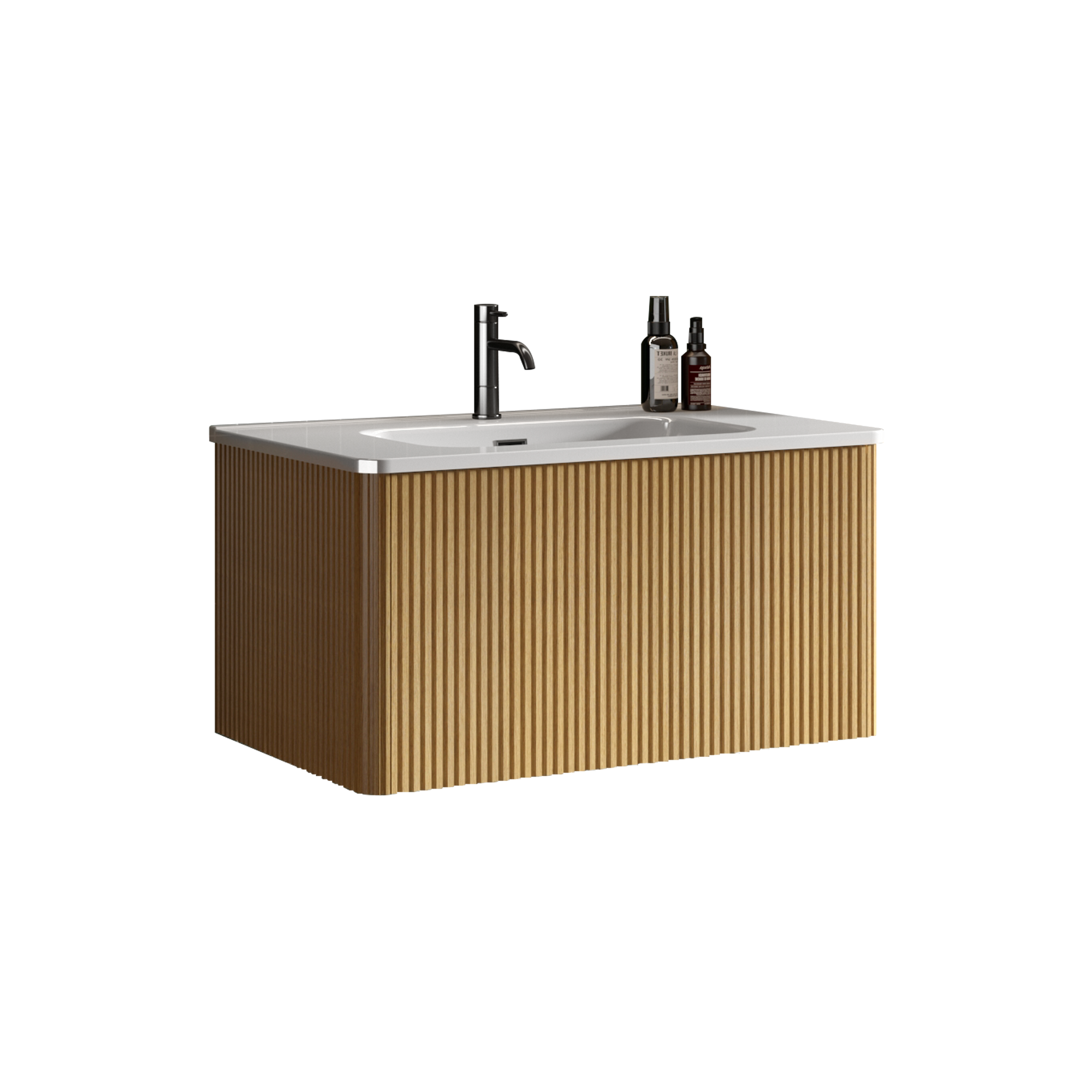 Striped Natural Oak Bathroom Vanity with White Ceramic Sink Wall Mounted Floating Design In White and Oak