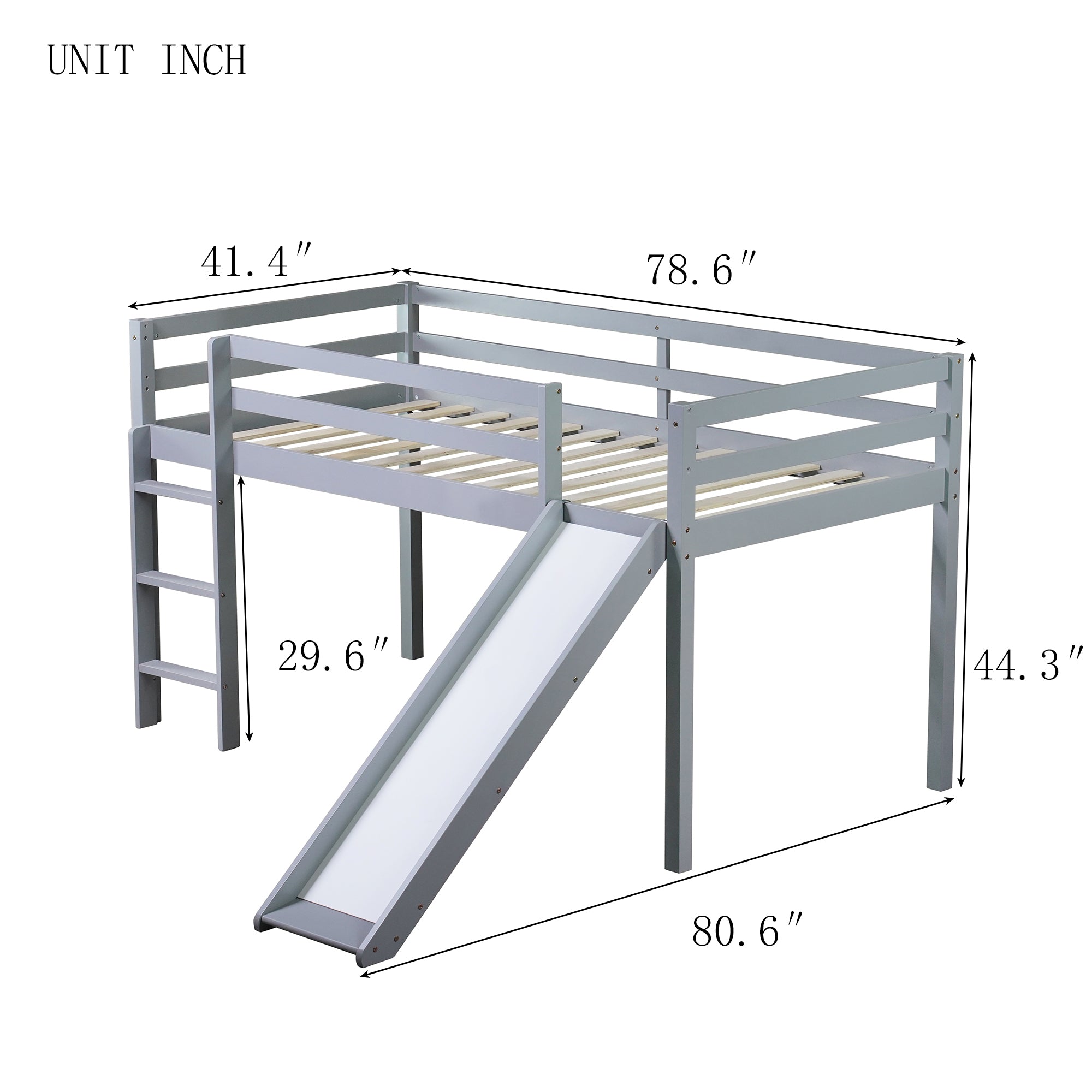 Gray Twin Low Loft Bed with Slide, Ladder, and Guardrails