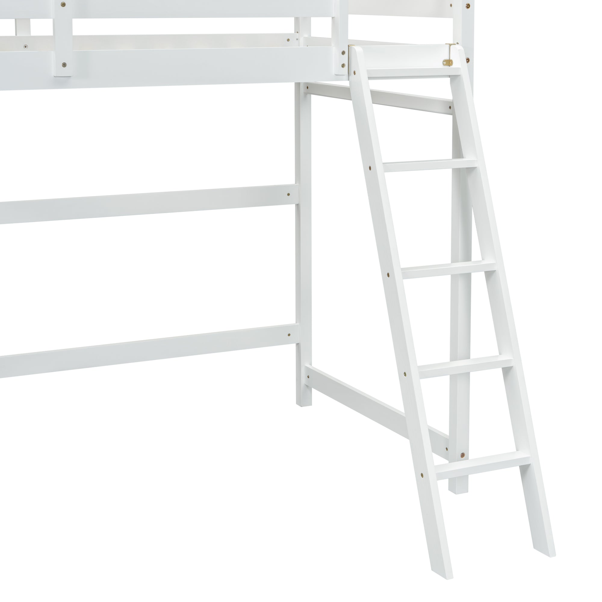 White Twin Size High Loft Bed with Inclined Ladder and Guardrails