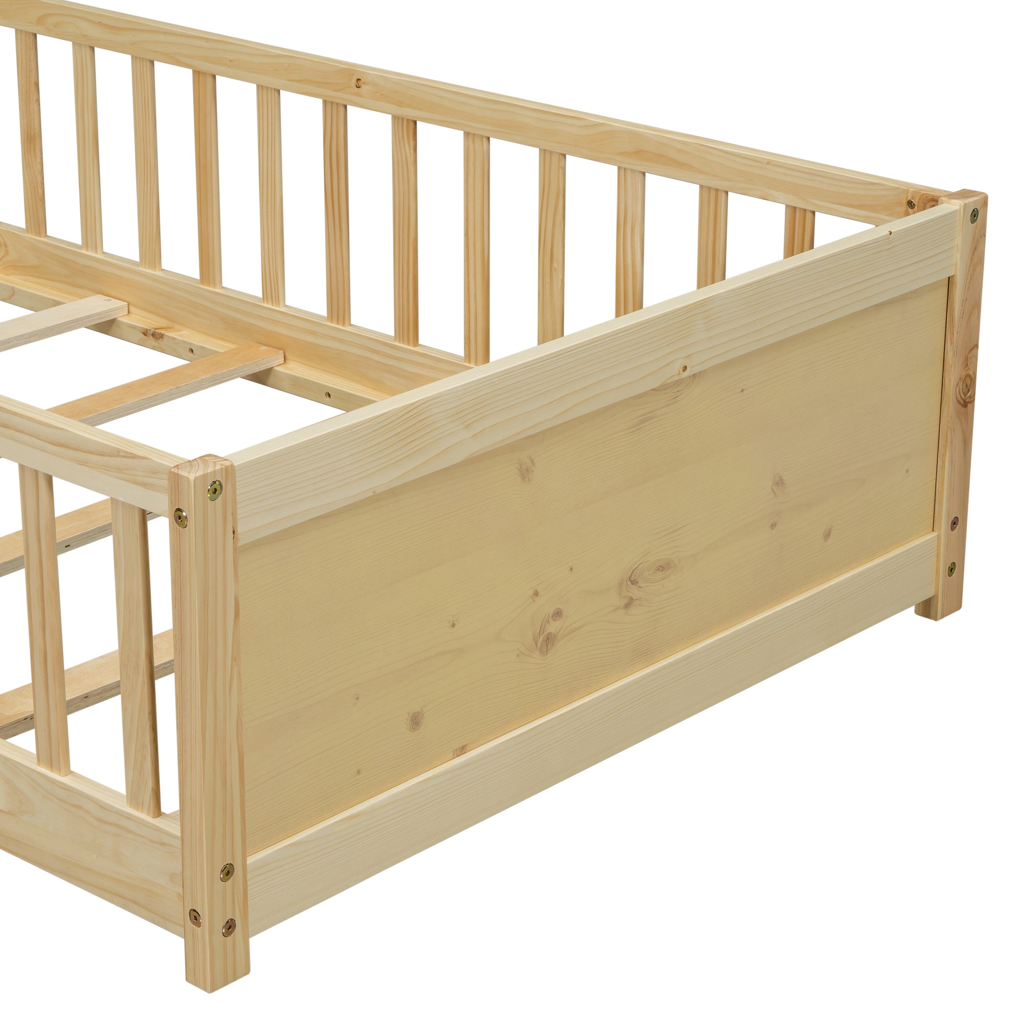 Natural Finish Twin Toddler Floor Bed with Built-in Book Storage Rack