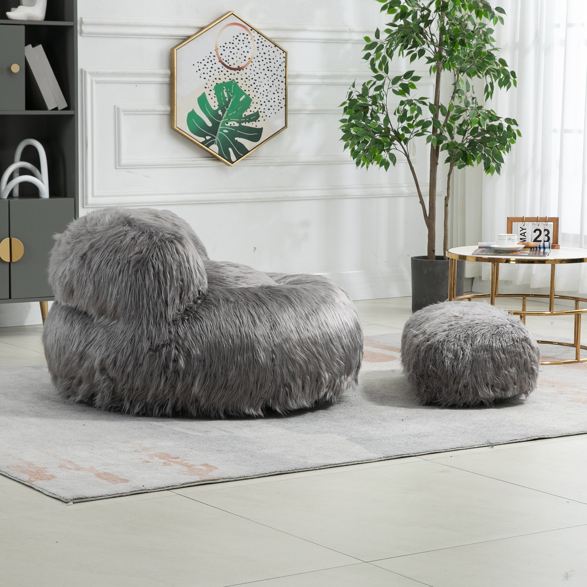 Shaggy Bean Bag Chair with Ottoman and Handle In Gray