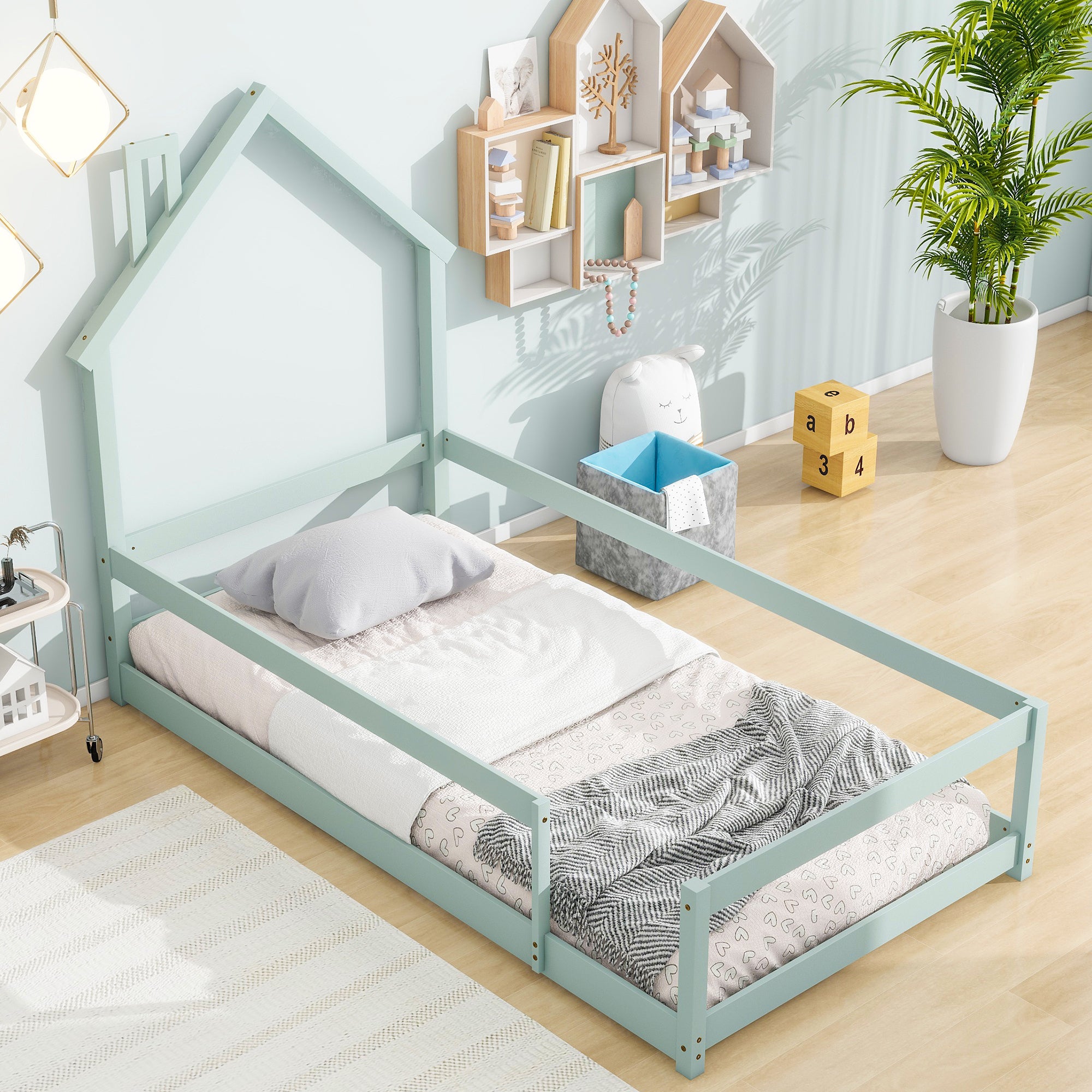 Light Green Twin Size Wood Toddler Floor Bed with House-Shaped Headboard & Guardrails