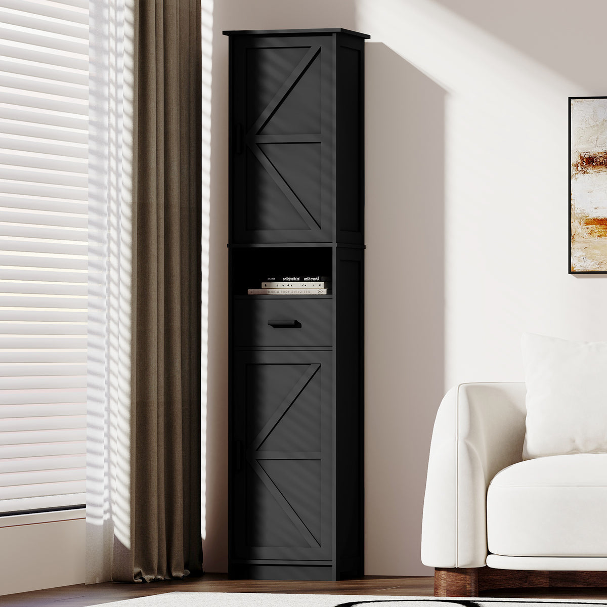 69&#39; H Tall Bathroom Storage Cabinet with 2 Barn Doors and 1 Drawer Narrow Unit with Adjustable Shelves In Black