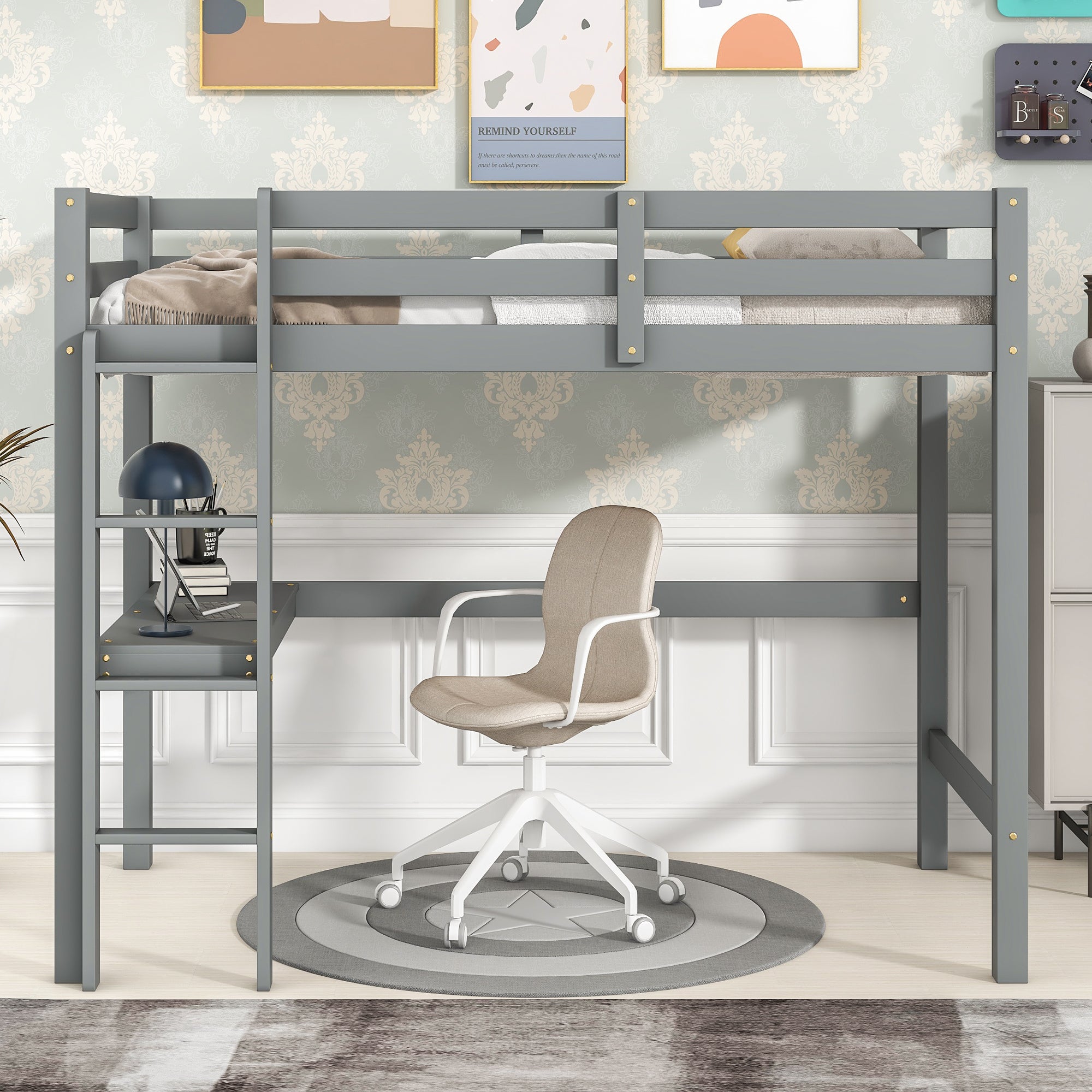 Gray Twin Loft Bed with Built-in Desk