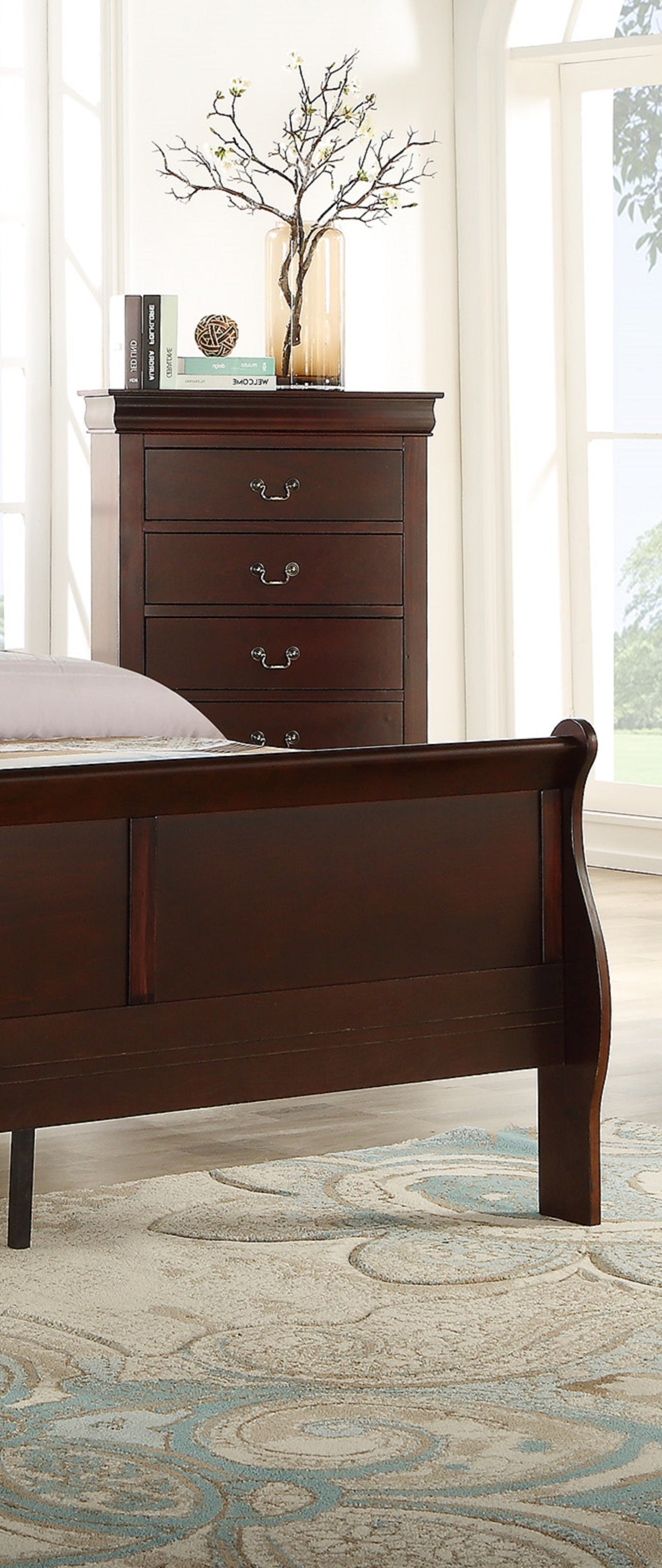 Cherry Finish Solid Wood Five Drawers Louis Philip Chest Contemporary Design Ample Storage In Cherry