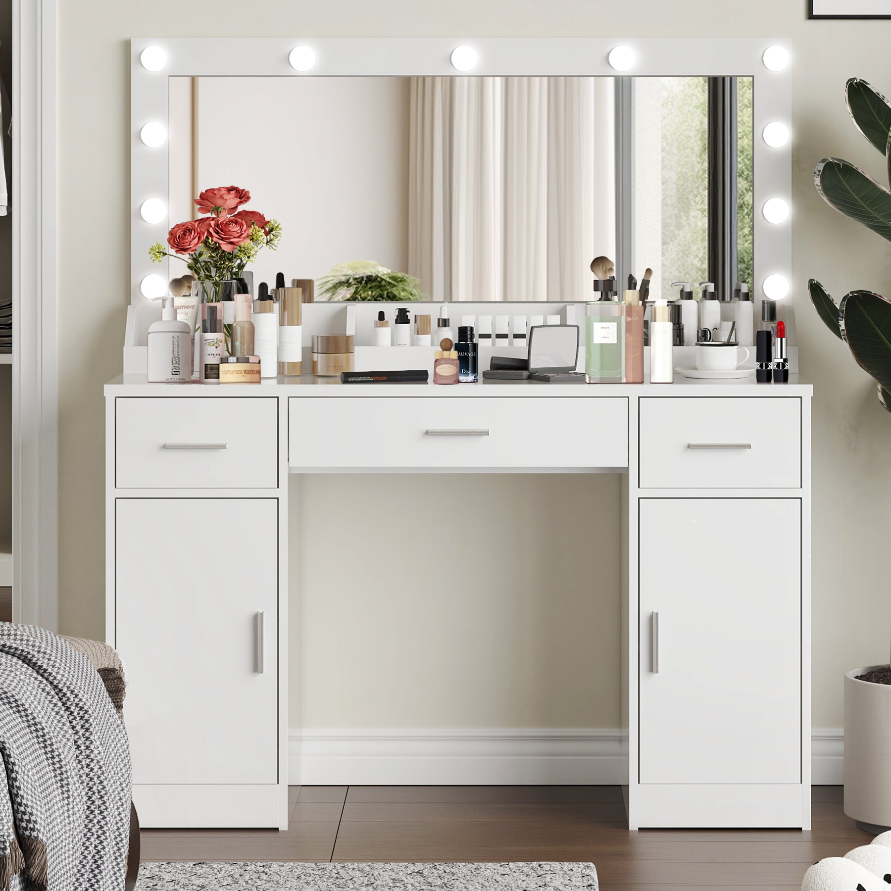 47.2 Vanity Desk with Large Mirror and 3 Lighting Modes Adjustable Brightness with 3 Drawers and 2 Cabinets In White