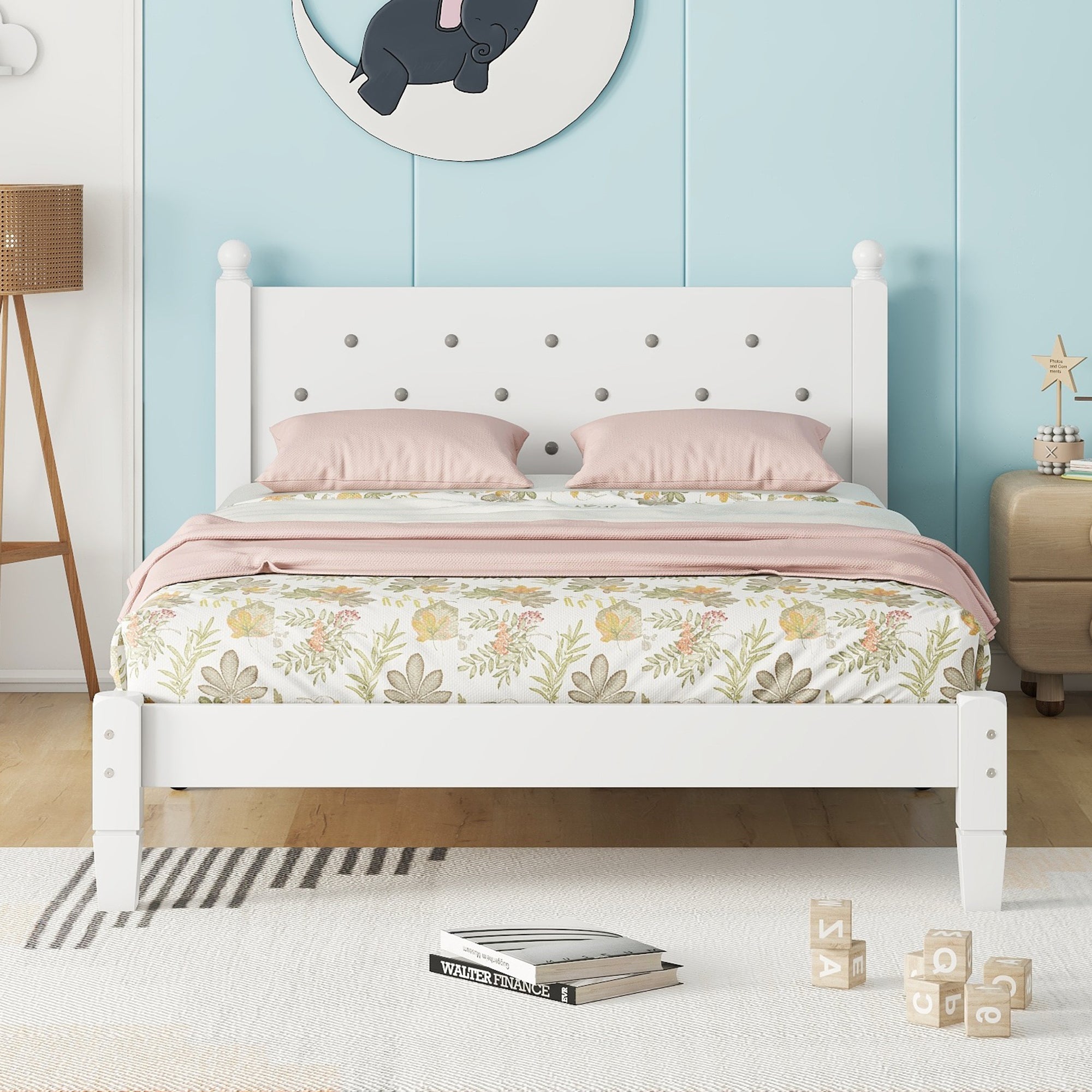 White Twin Bed with Tufted Button Decor Headboard