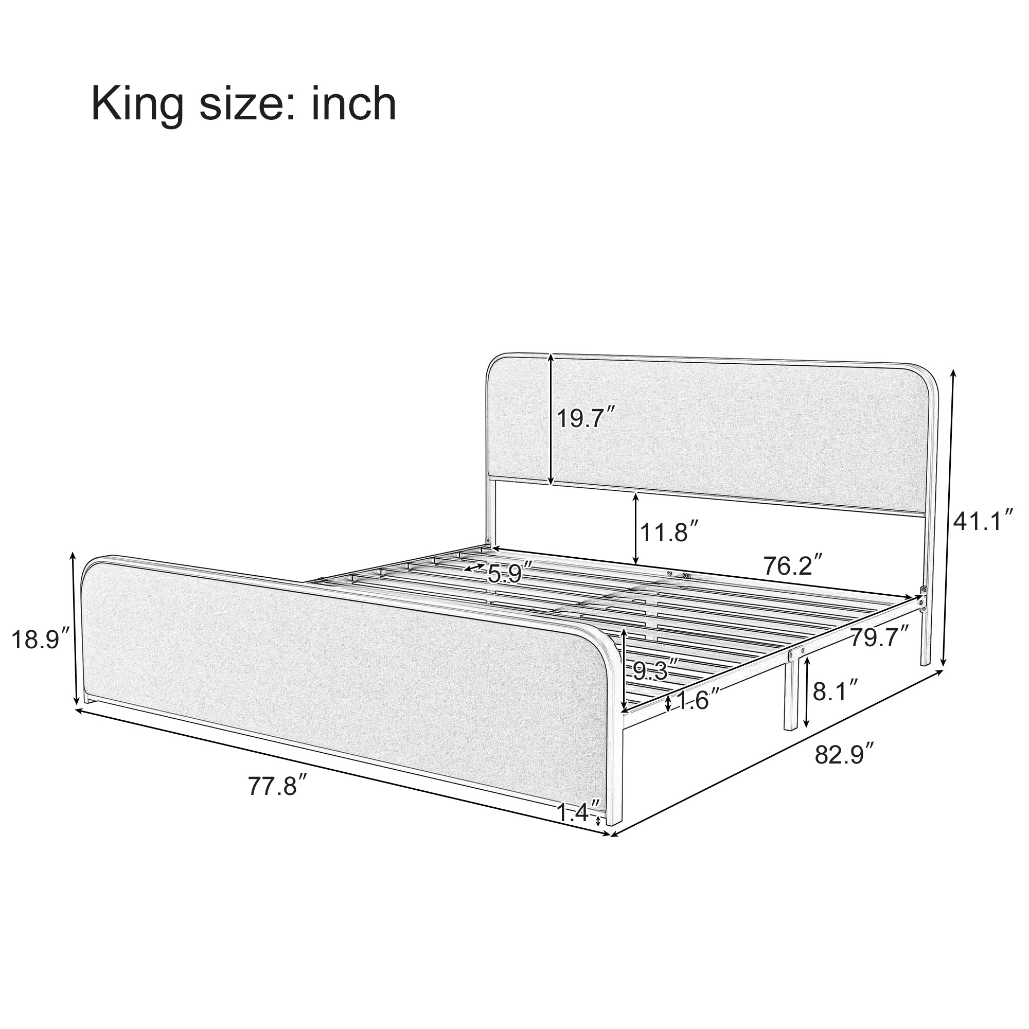 King-Size Heavy Duty Metal Platform Bed with Curved Upholstered Headboard