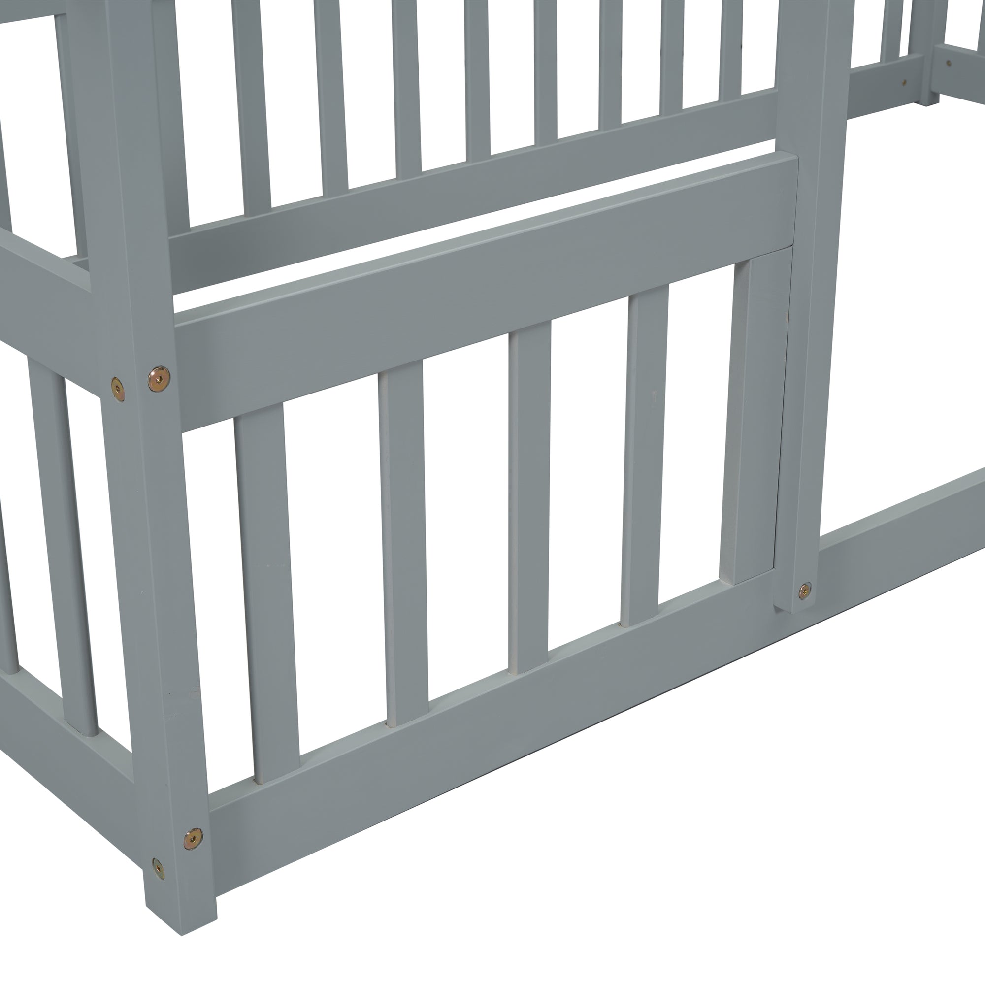 Twin Wood House-Shaped Toddler Floor Bed with Fence & Guardrails in Gray