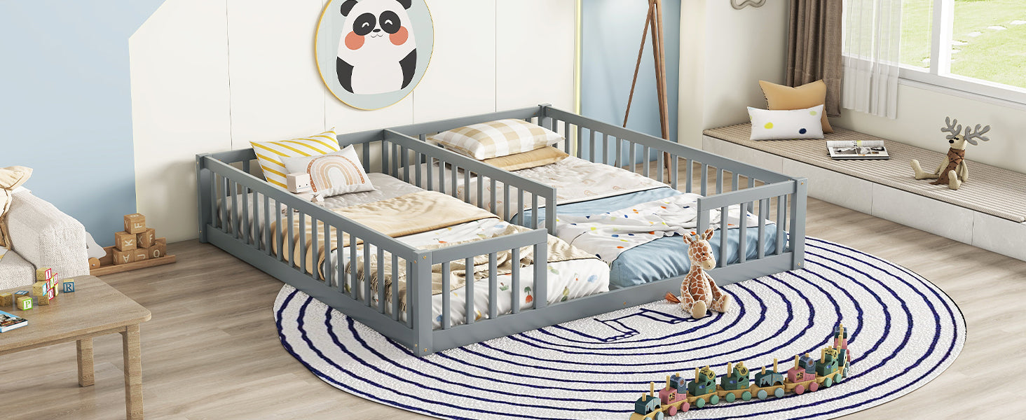 Gray Double Twin Toddler Floor Bed with Fence and Guardrails