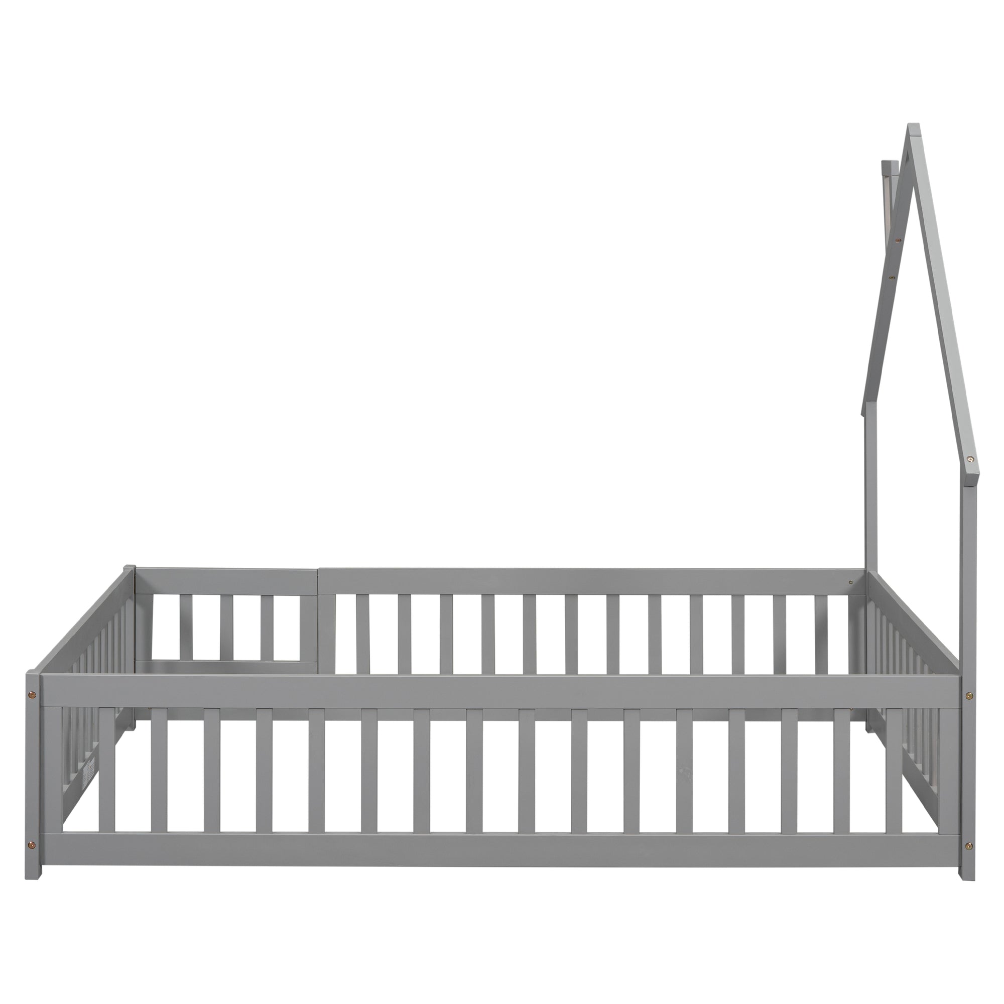 Gray Full House-Shaped Headboard Toddler Floor Bed with Fence