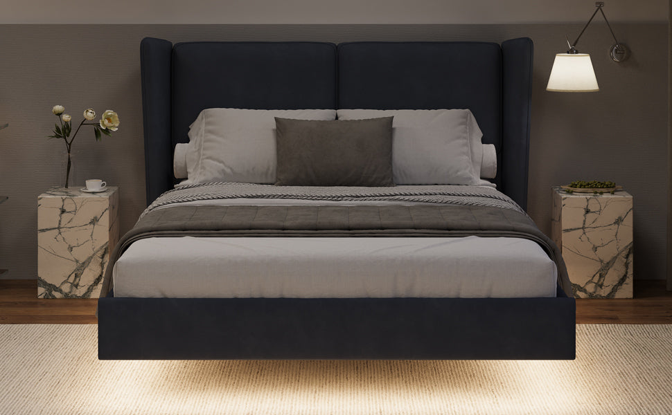 Dark Gray Velvet Queen Size Floating Platform Bed Frame with LED Lighting