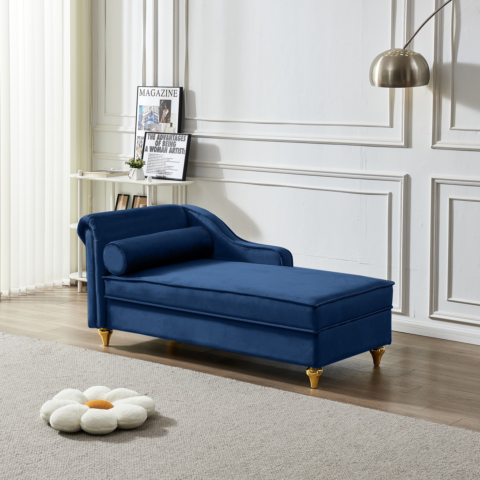 Navy Blue Velvet Chaise Lounge With Storage Compartment