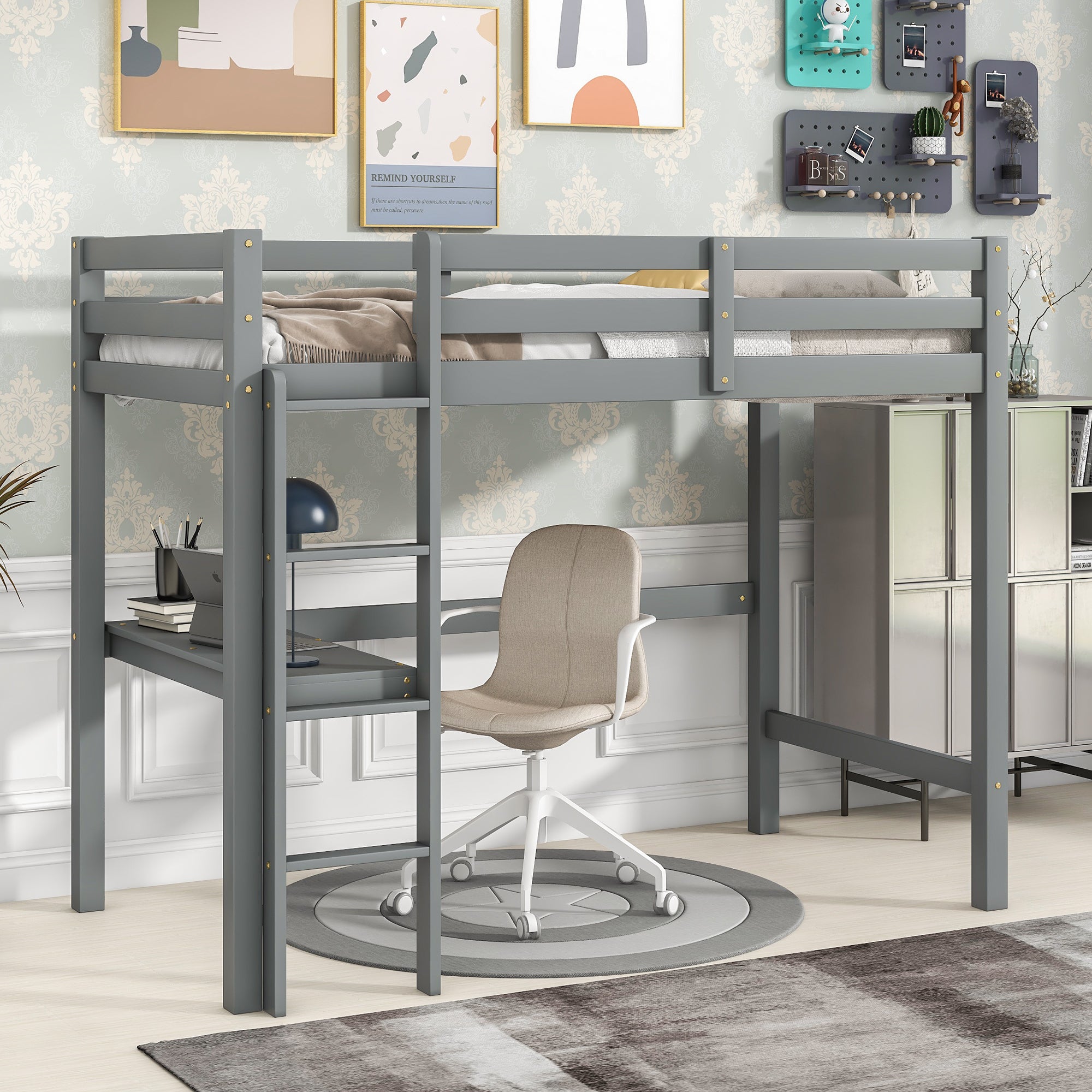 Gray Twin Loft Bed with Built-in Desk