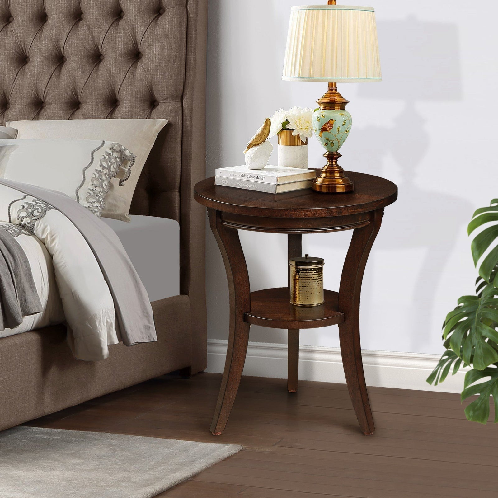 16" Espresso Wood Round End Table with Open Shelf