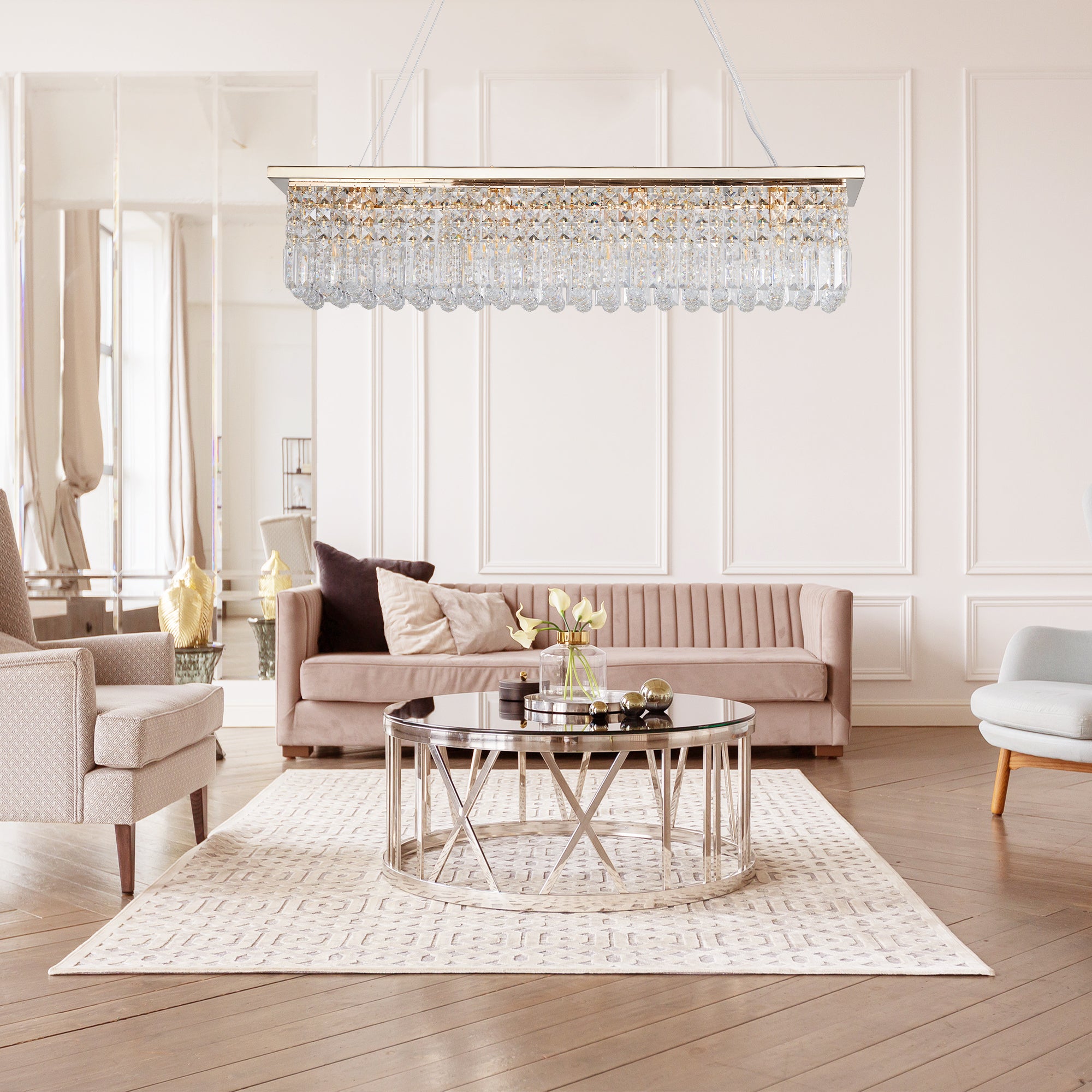 8-Light Gold Rectangle Raindrop Chandelier