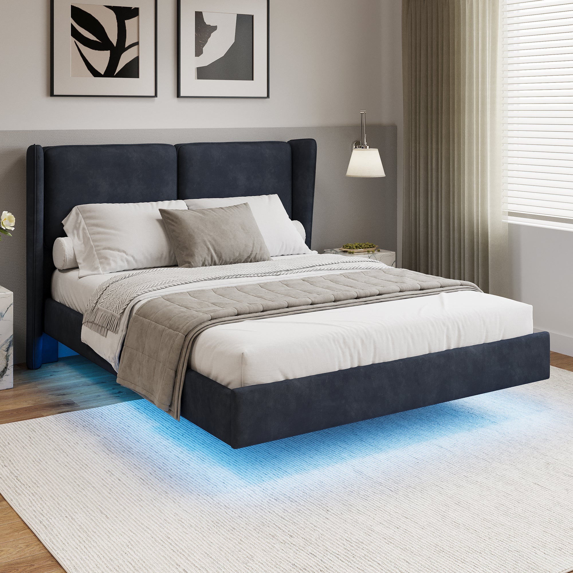 Full Wing Backed Velvet Upholstered Platform Bed in Dark Gray