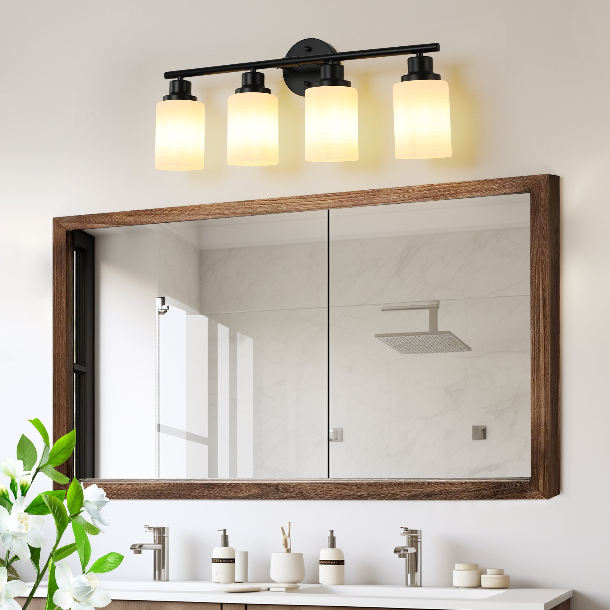 4-Light Vanity Light with Frosted White Glass with Black Iron Frame