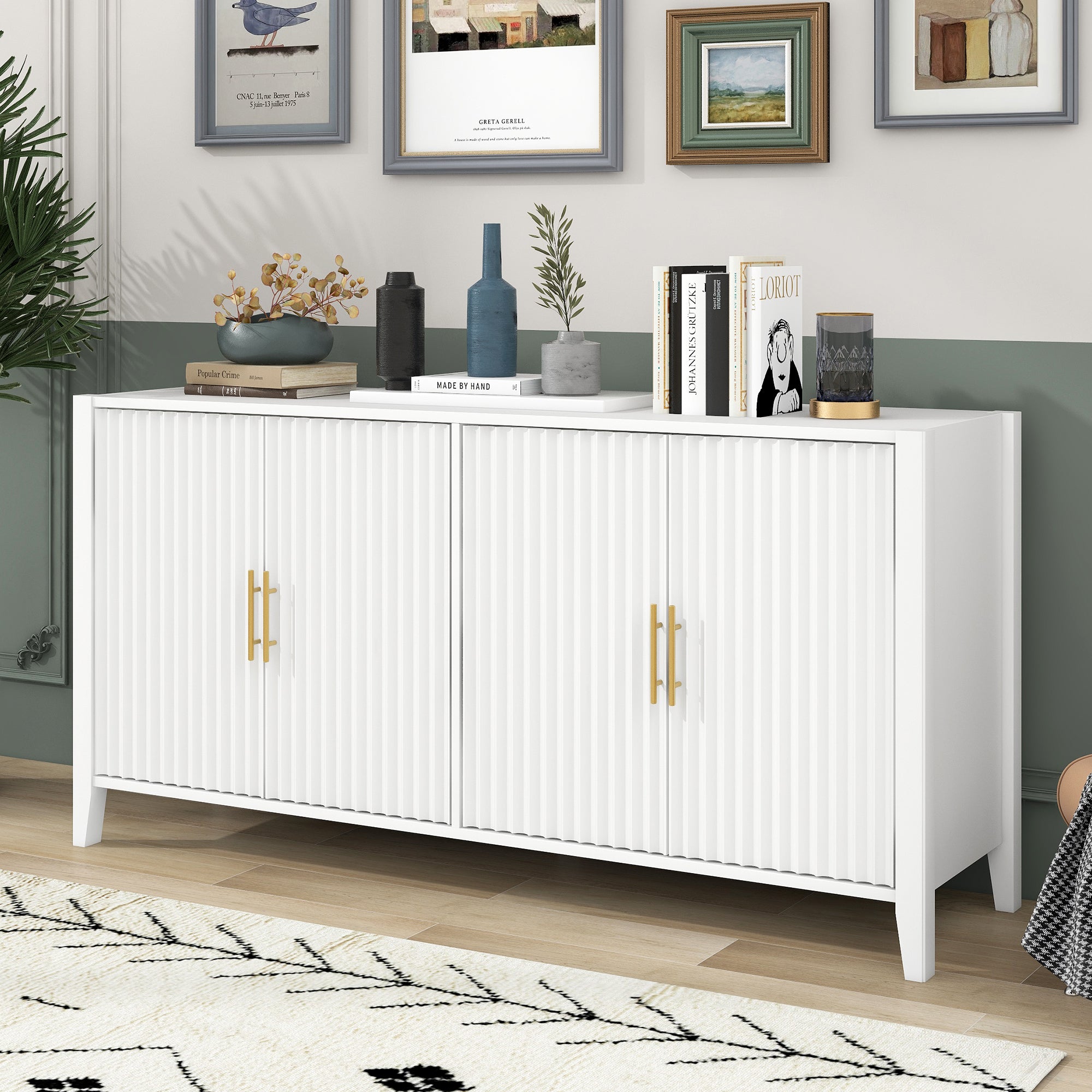 Accent Storage Cabinet Wooden Sideboard with Metal Handles Perfect for Hallway Entryway Living Room In White