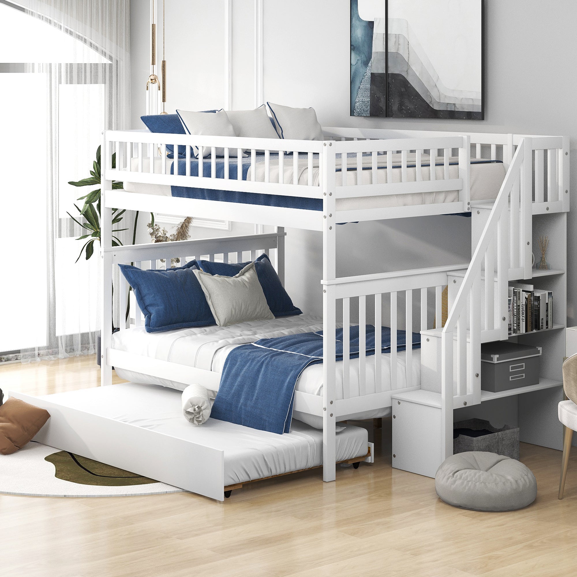 Full Over Full Bunk Bed with Trundle and Staircase In White