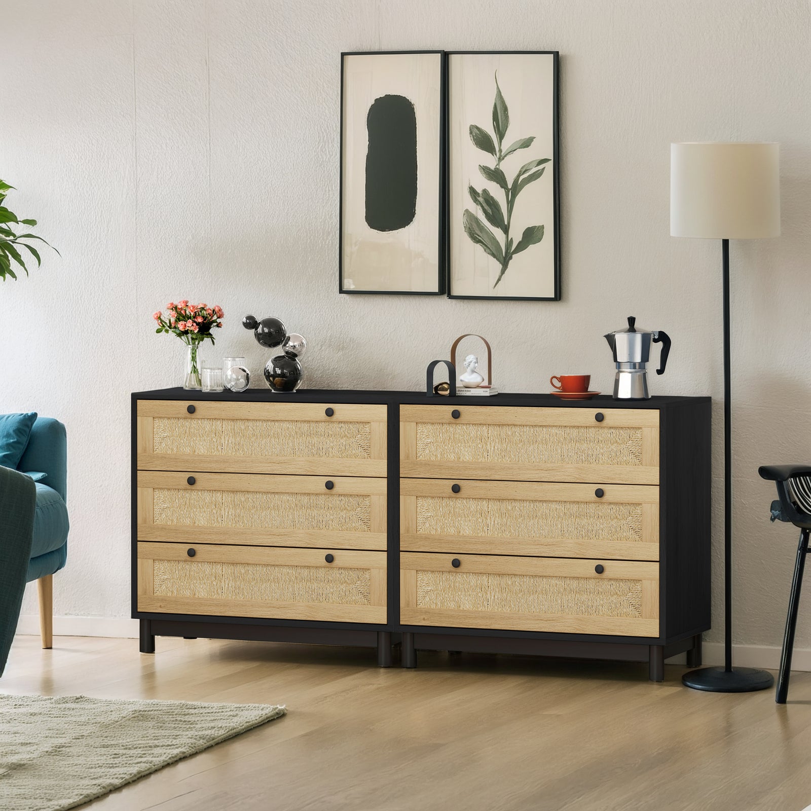 61" Neutral Rope Woven Storage Cabinet with Dark Accents