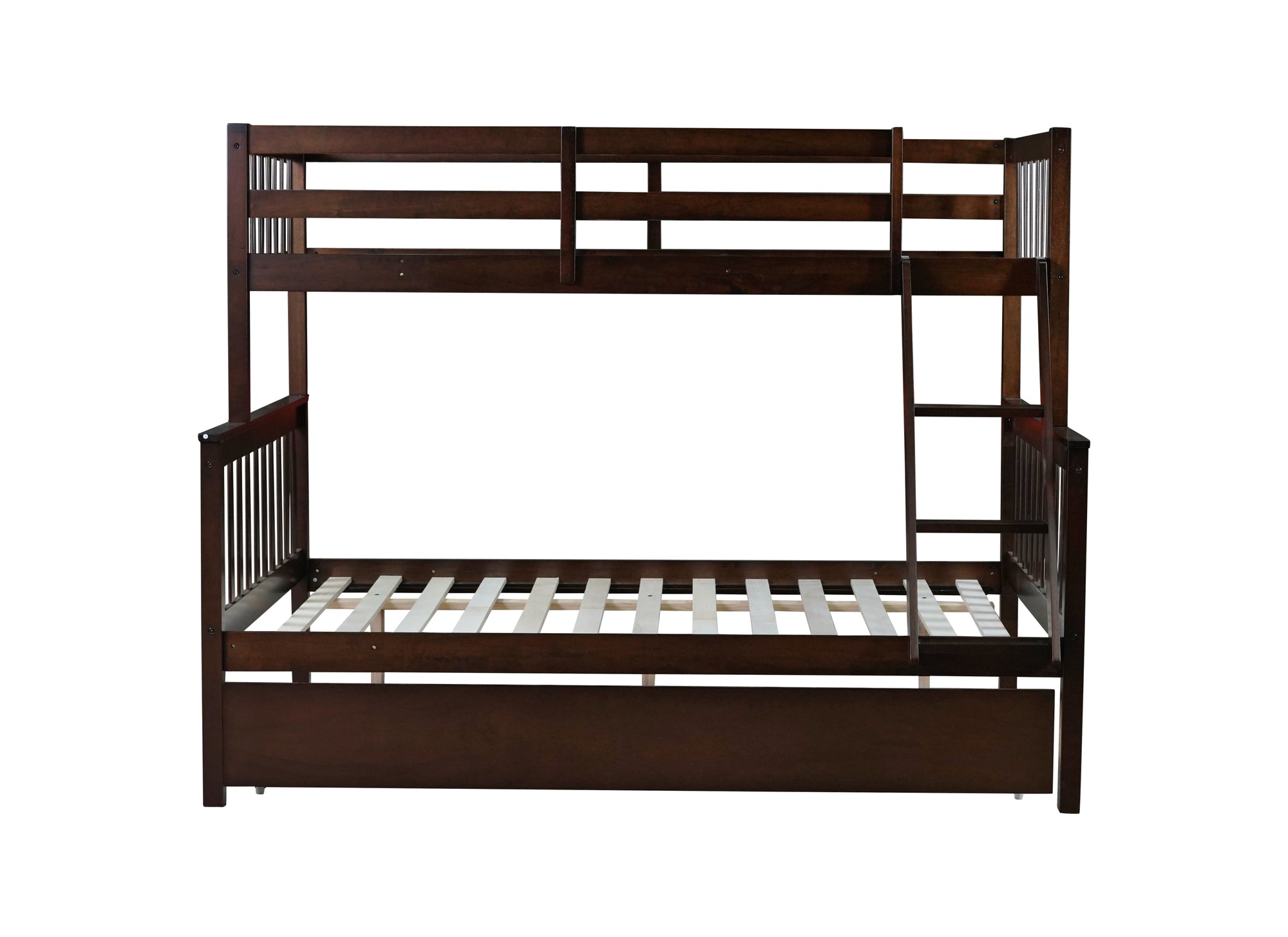 Espresso Twin Over Full Rubber Wood Bunk Bed with Trundle and Detachable Design