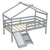 Gray Twin Low Loft House Bed with Slide, Ladder, and Roof Frame