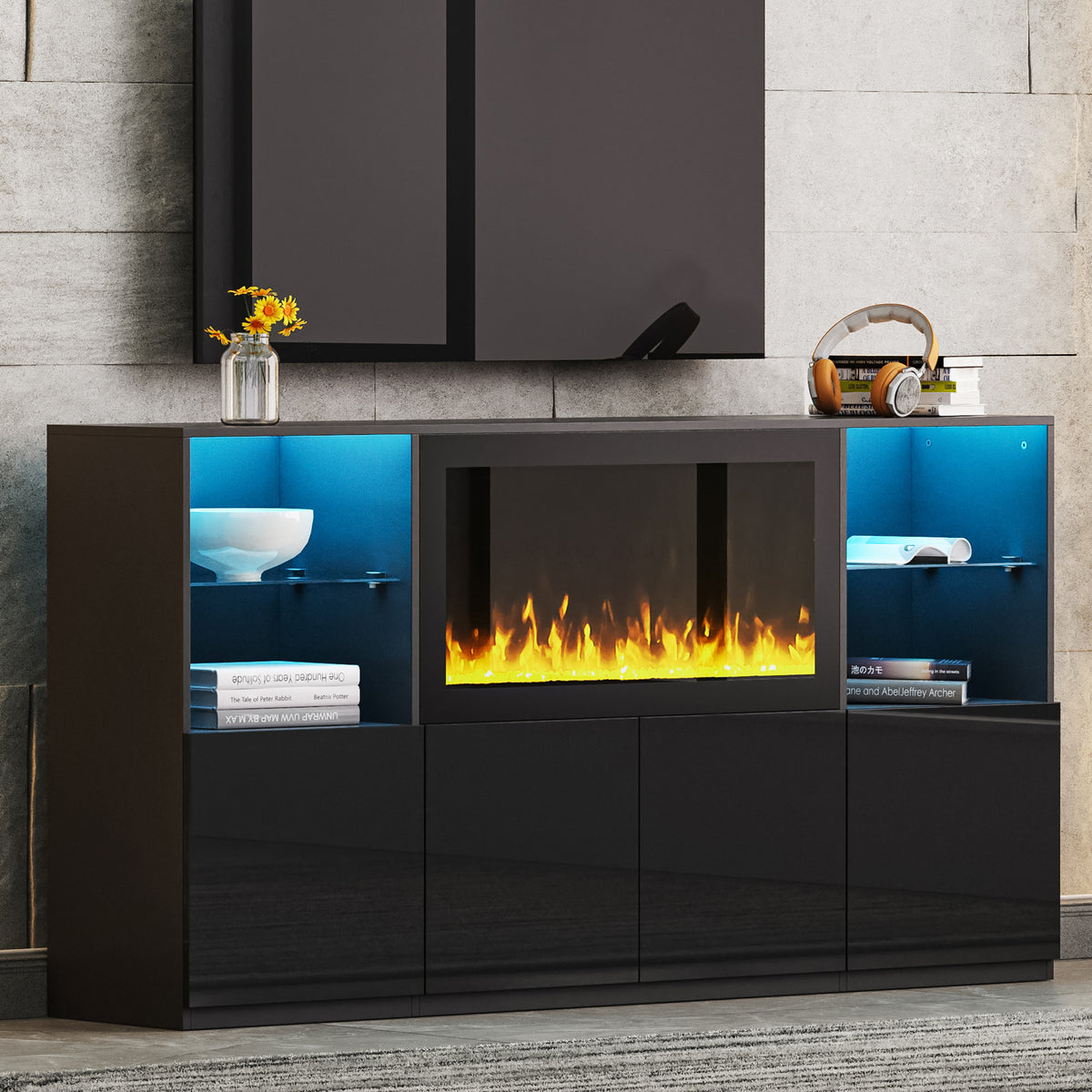 High Gloss TV Stand with Electric Fireplace and LED Light for TVs up to 75 Inches In Black