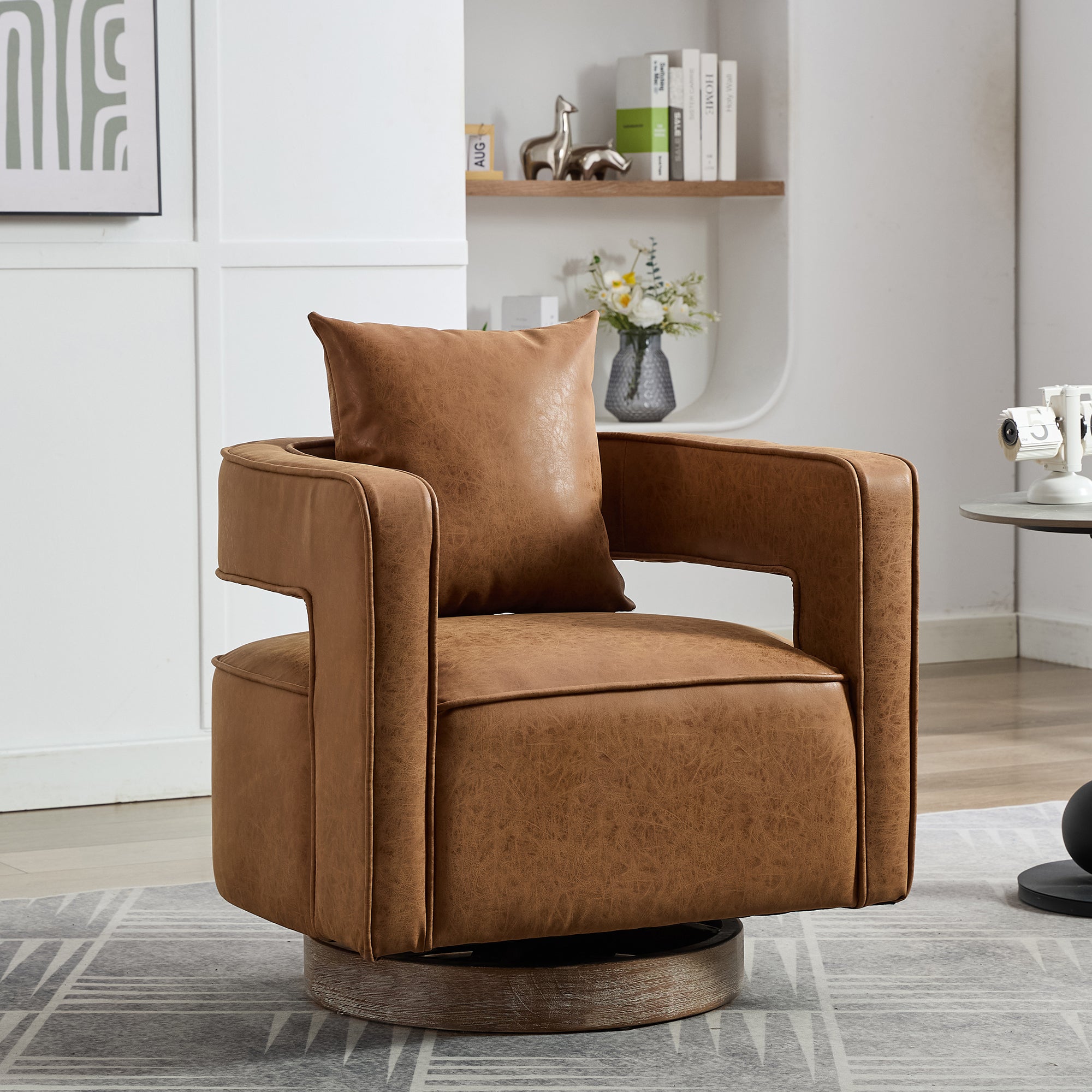 Open Back Brown Swivel Barrel Chair With Weathered Base