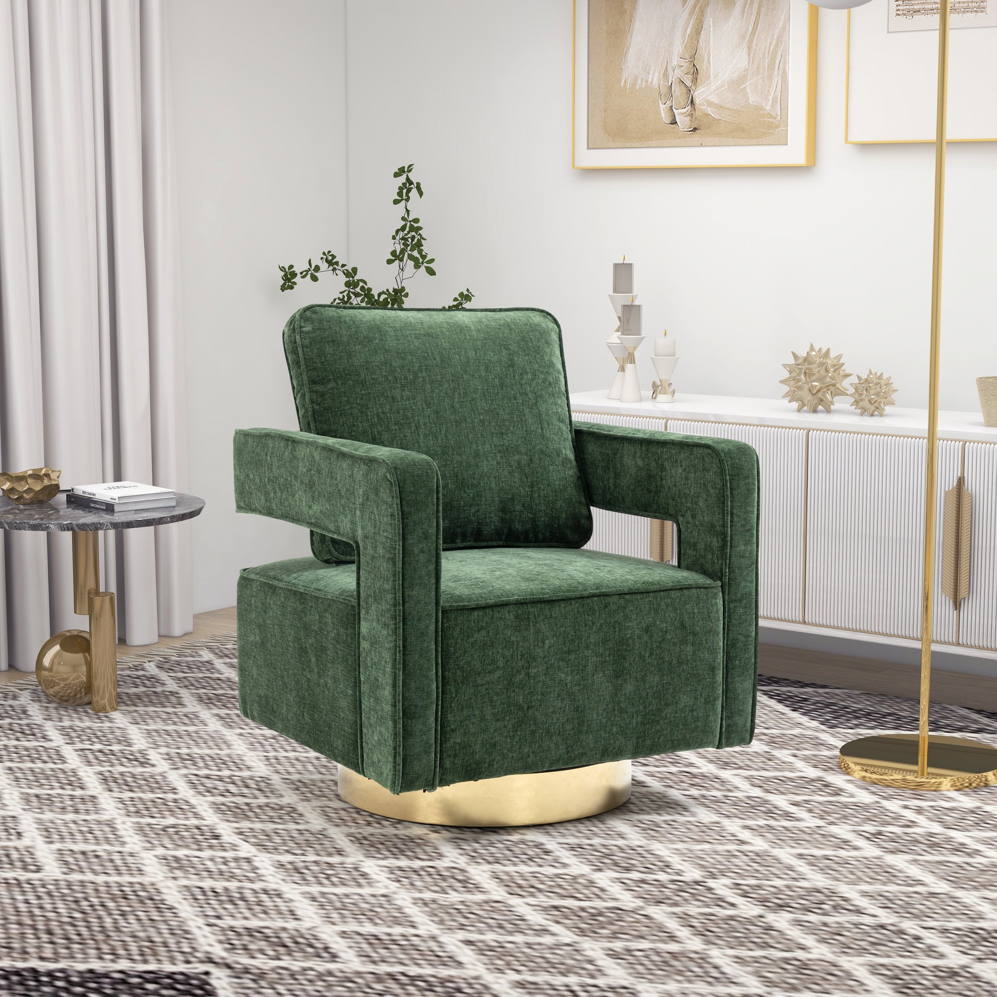 Open Back Chair Green Chenille Swivel Accent Chair With Gold Stainless Steel Base