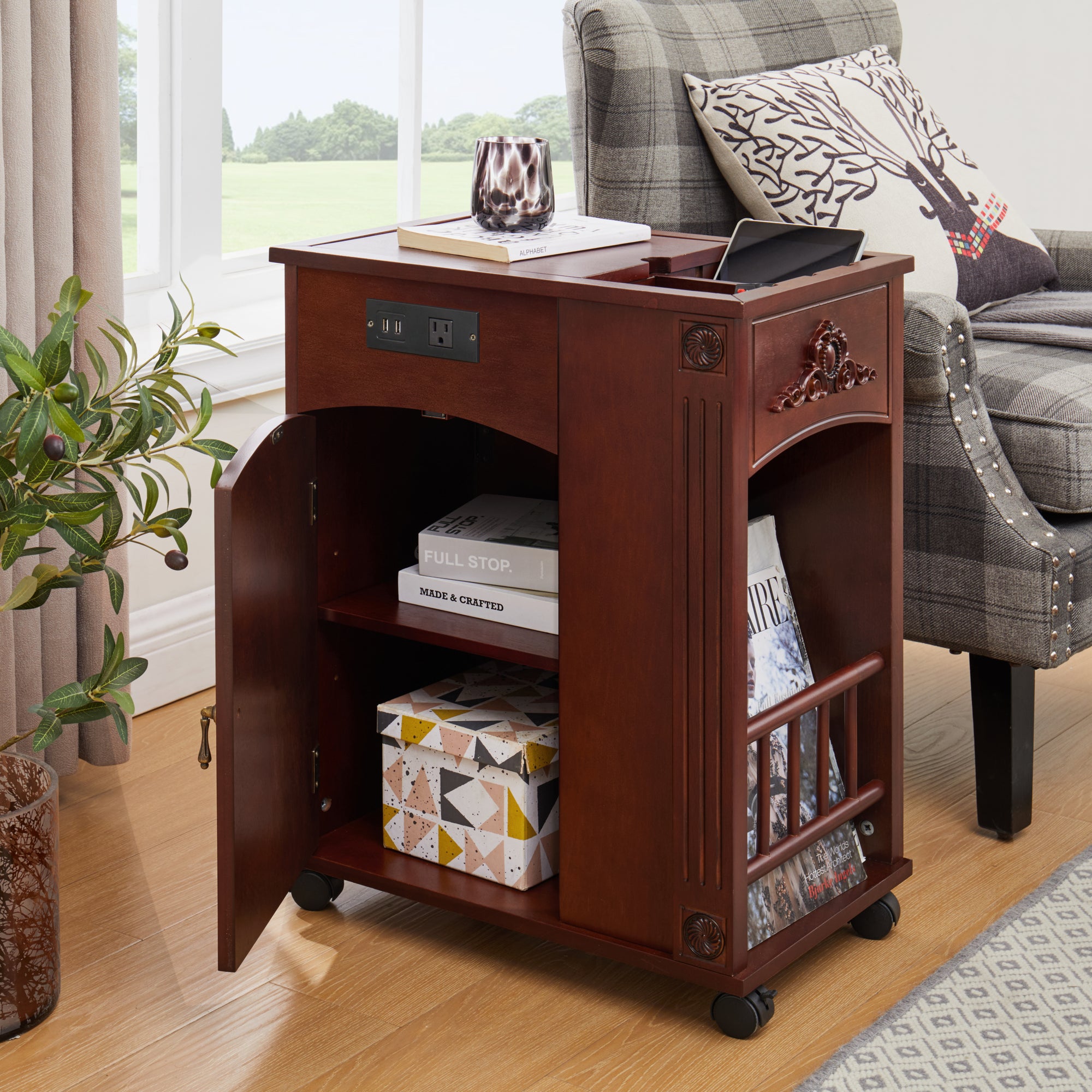 Powered Traditional End Table with Charging Station and USB Ports Narrow Nightstand with Storage and Wheels In Red Walnut