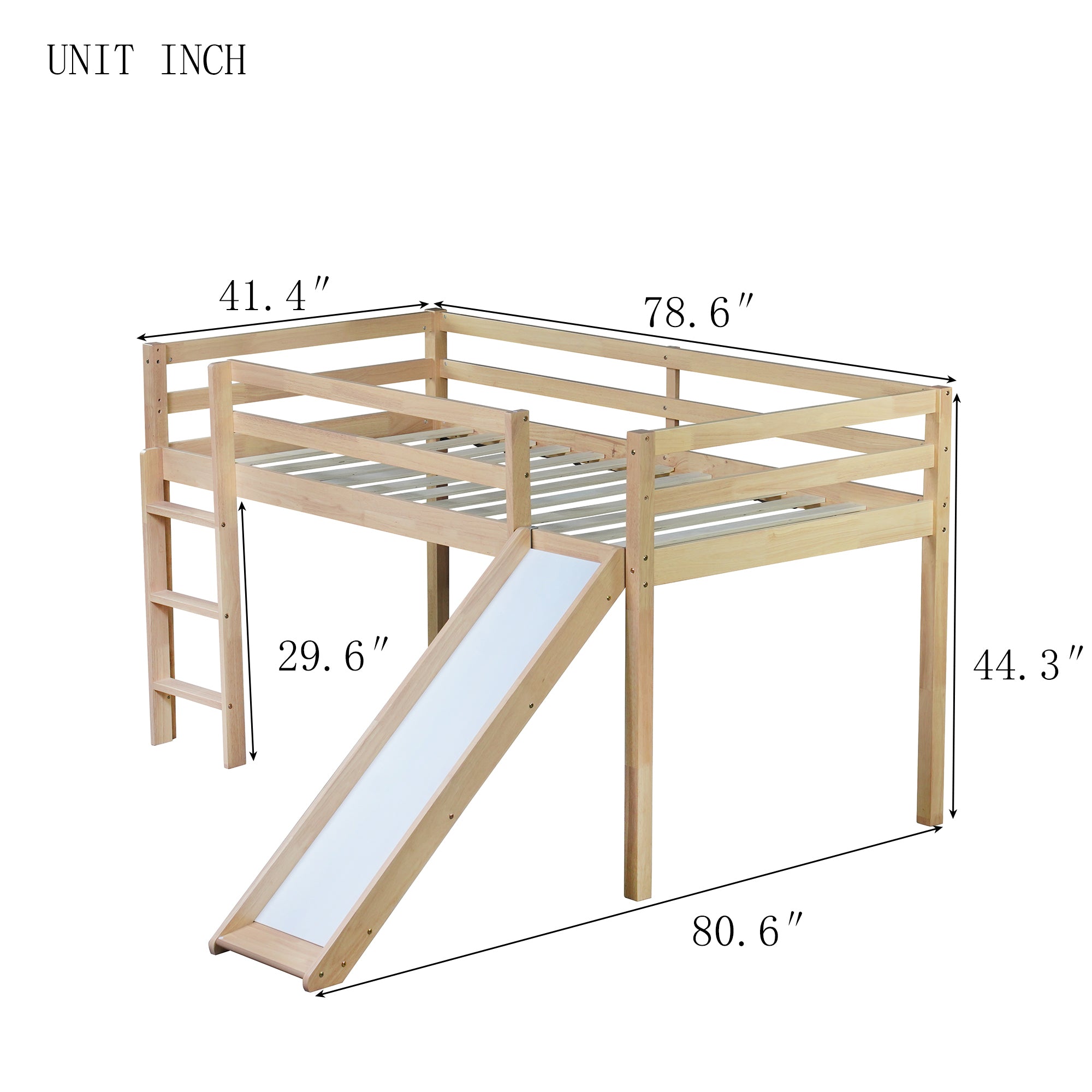 White Oak Twin Low Loft Bed with Slide and Ladder