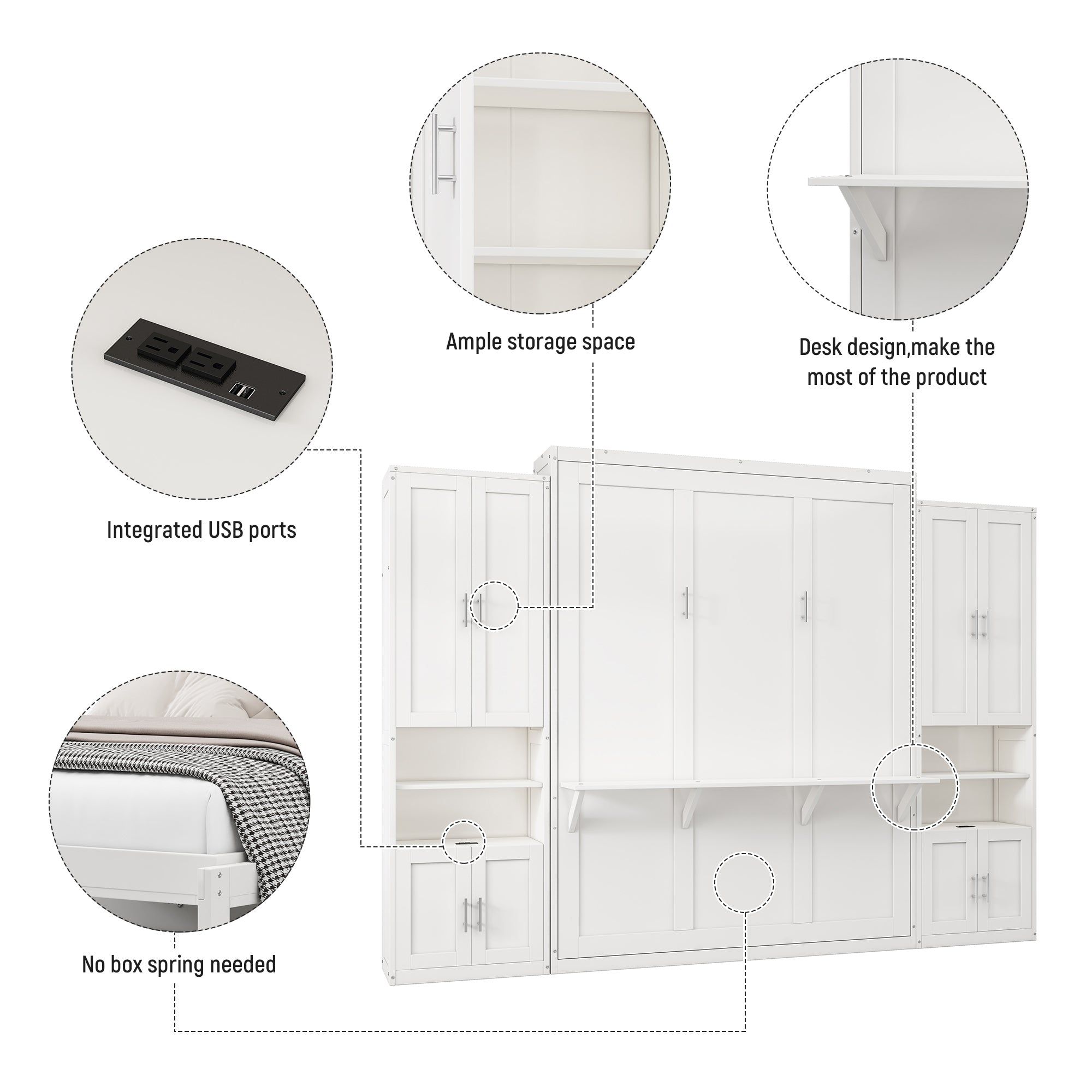 Full Murphy Bed with Two Side Cabinets in White